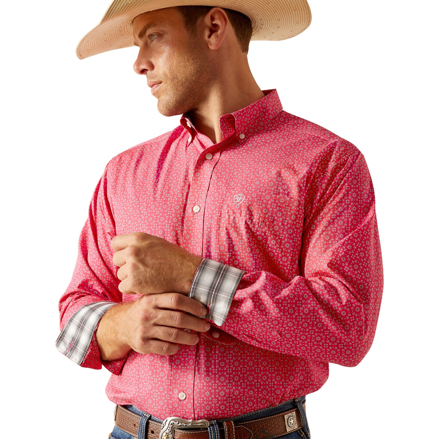 Ariat Men's Wrinkle Free Geometric Pink Button Down Shirt 10051473