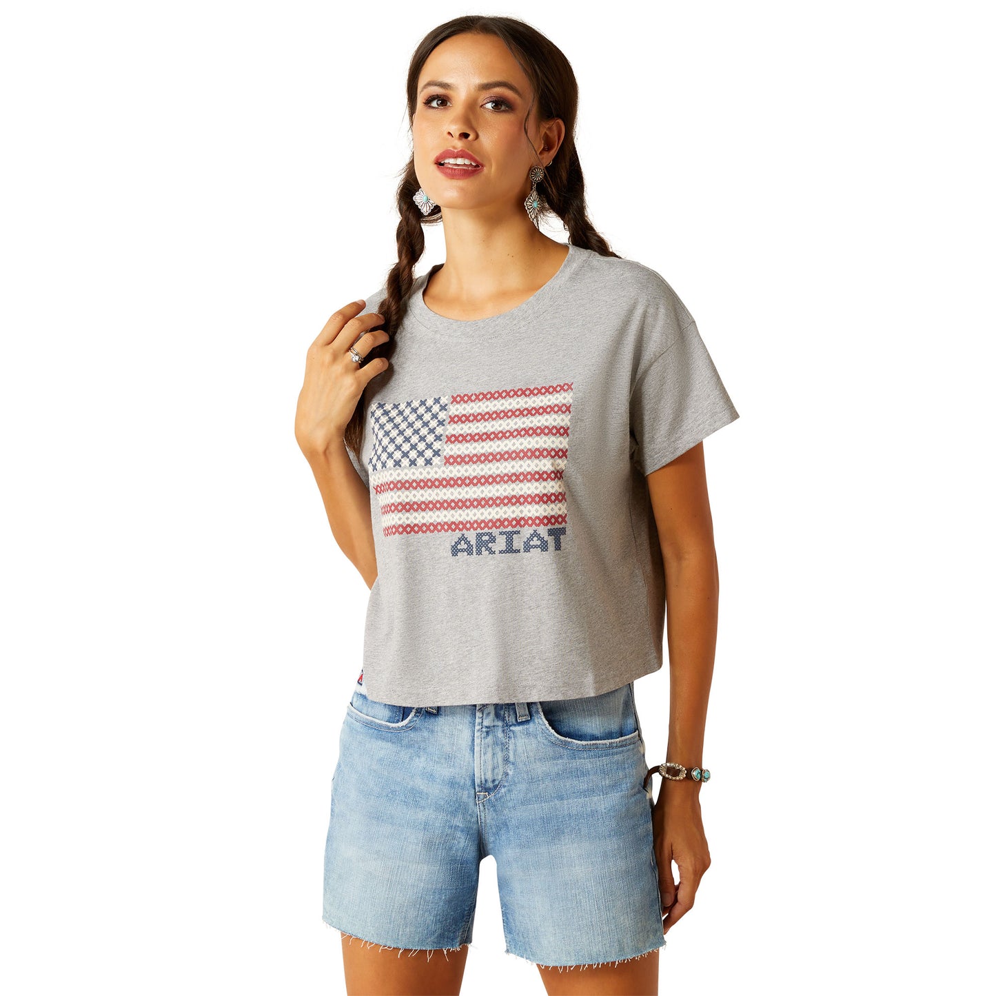 Ariat Ladies Homespun Flag Heather Grey Graphic T-Shirt 10051298