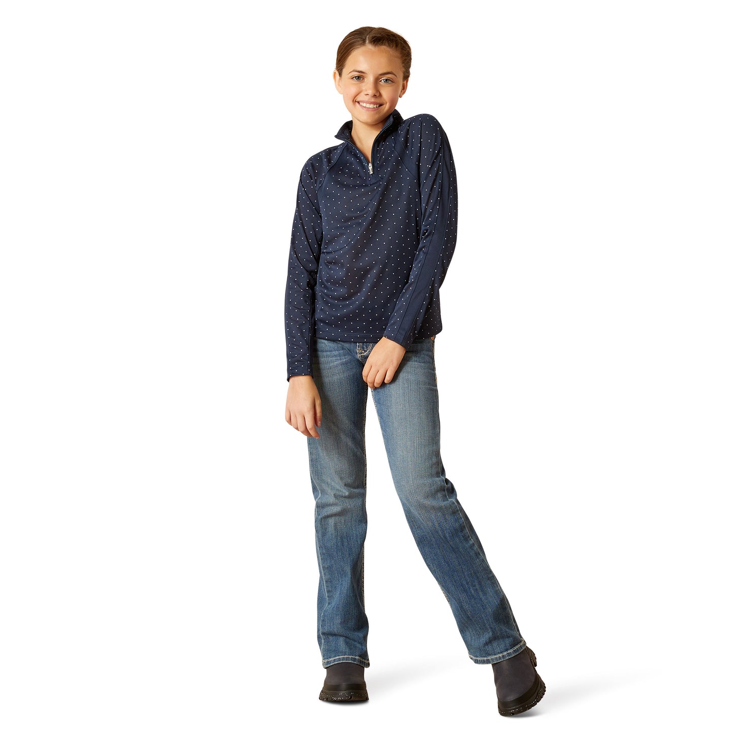 Ariat Youth Girl's Sunstopper 3.0 Navy Dot 1/4 Zip Baselayer 10048922