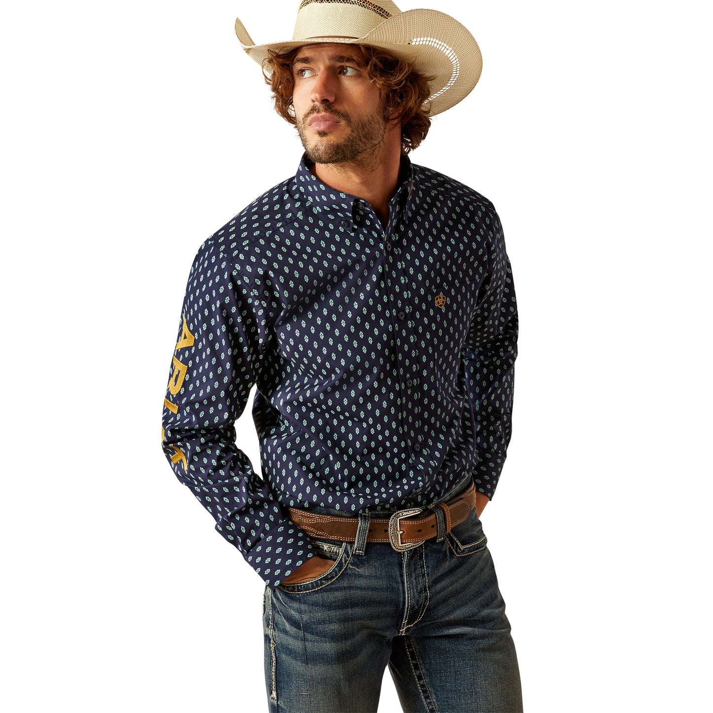 Ariat Men's Team Powell Navy & Gold Fitted Button Down Shirt 10054727 Ariat Men's Team Powell Navy & Gold Fitted Button Down Shirt 10054727