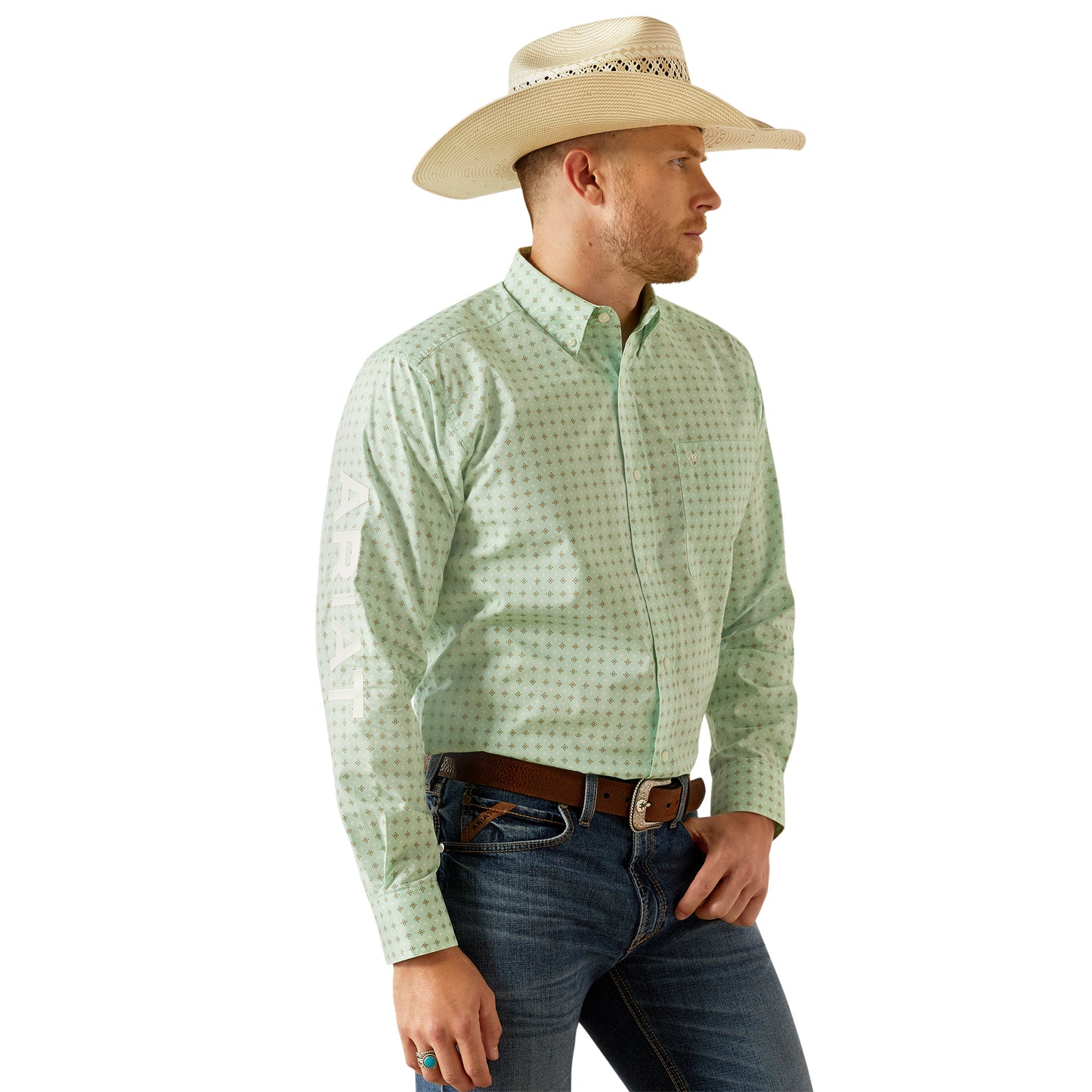 Ariat Men's Team Pierson Light Green & White Button Down Western Shirt 10054733