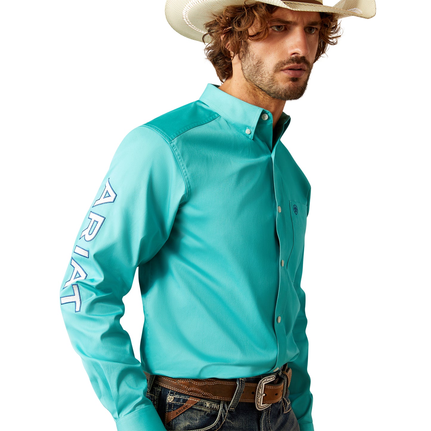Ariat Men's Turquoise Team Logo Classic Fit Button Down Shirt 10055407