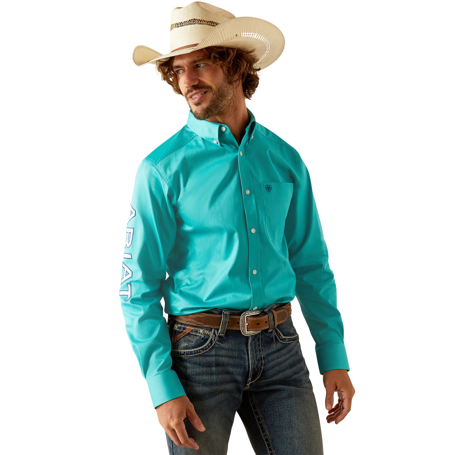 Ariat Men's Turquoise Team Logo Classic Fit Button Down Shirt 10055407