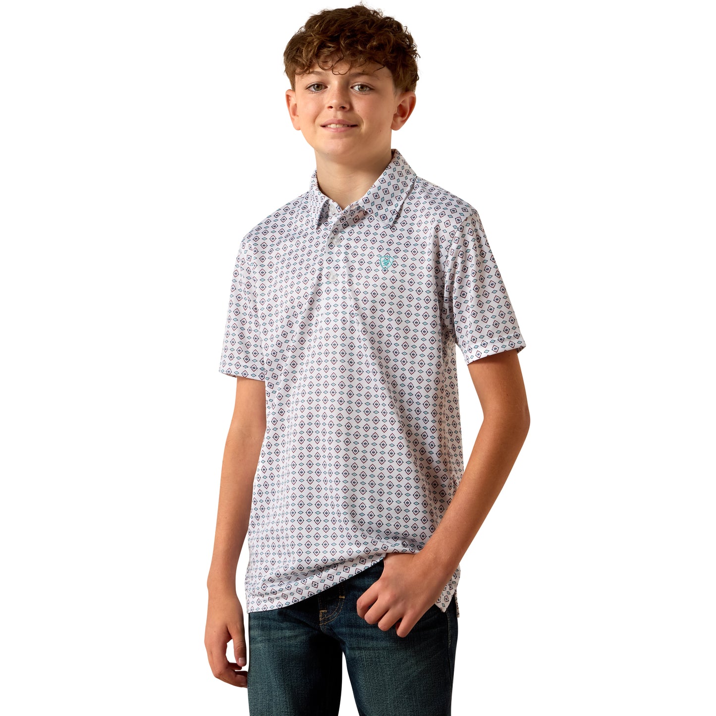 Ariat Youth Boy's All Over White Southwest Triangle Print Polo 10073489