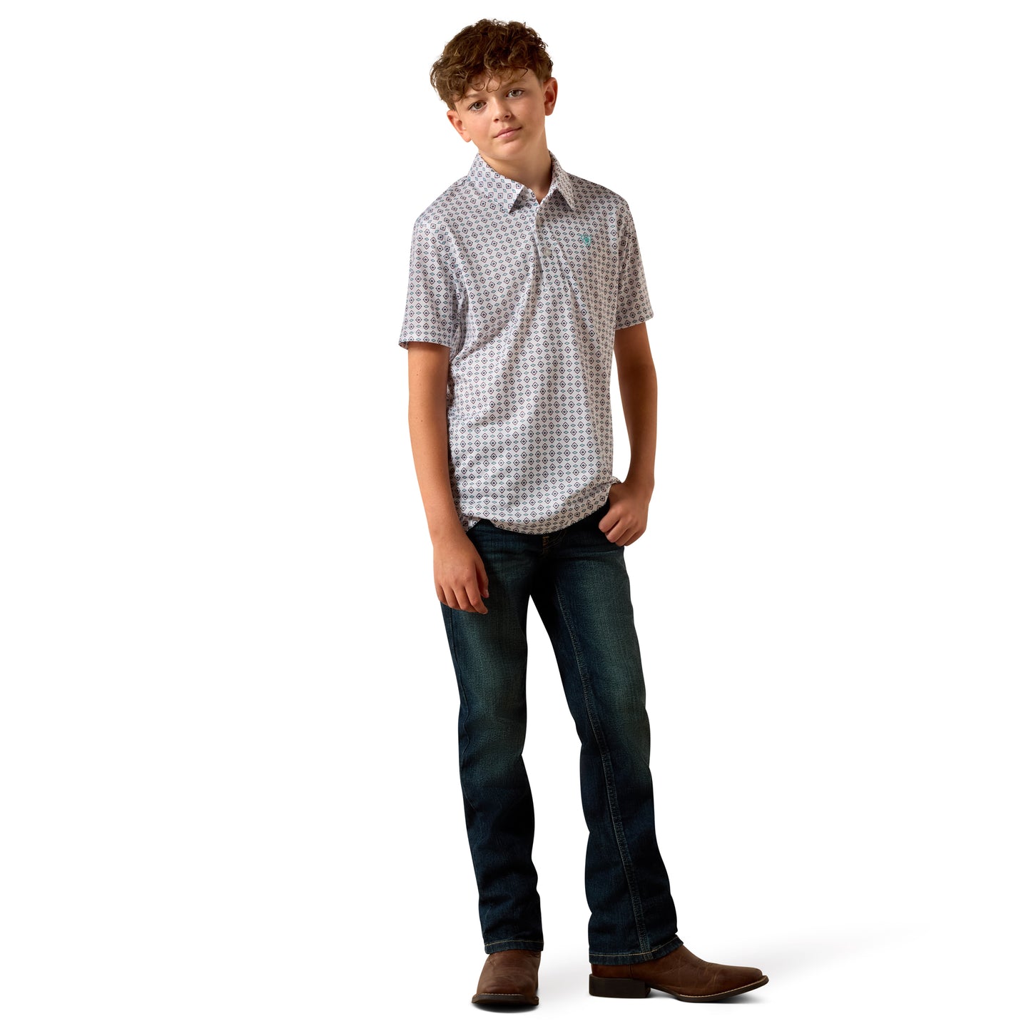 Ariat Youth Boy's All Over White Southwest Triangle Print Polo 10073489