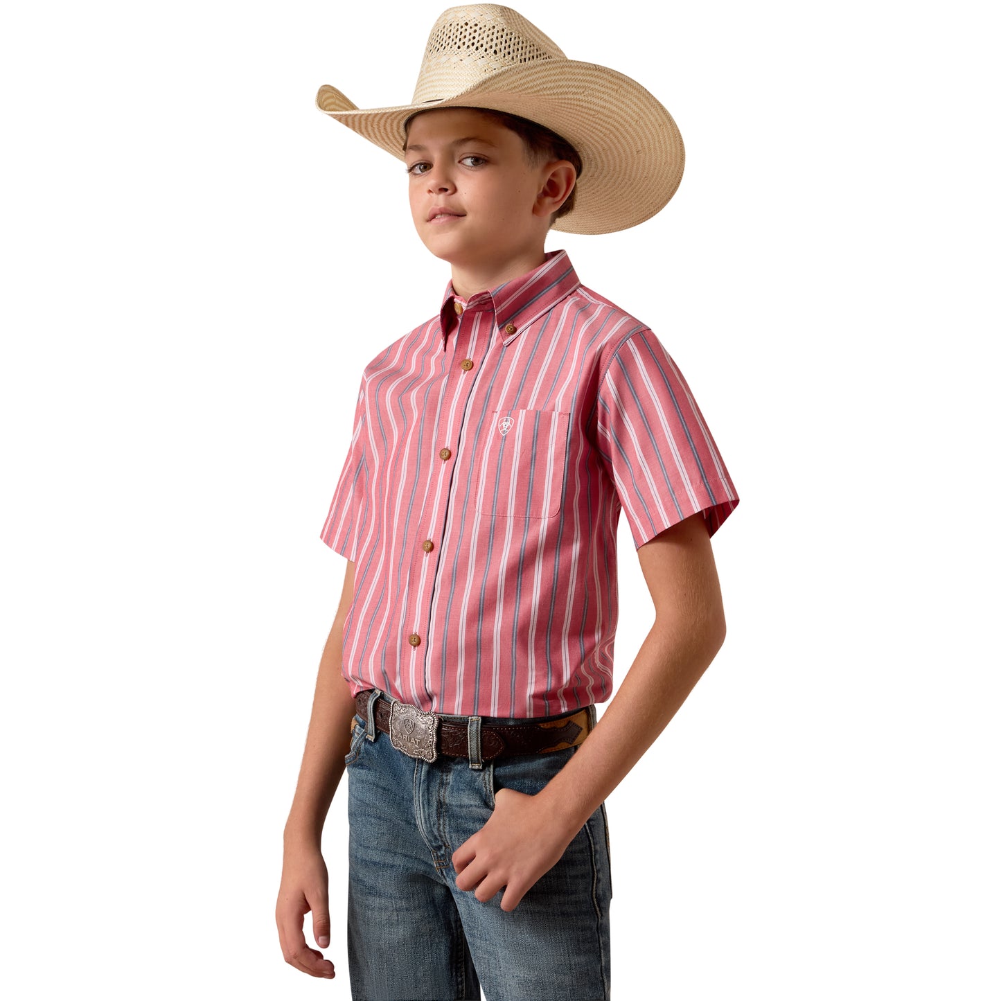 Ariat Boy's Pro Series Bobby Hibiscus Red Striped Button Down Shirt 10073638