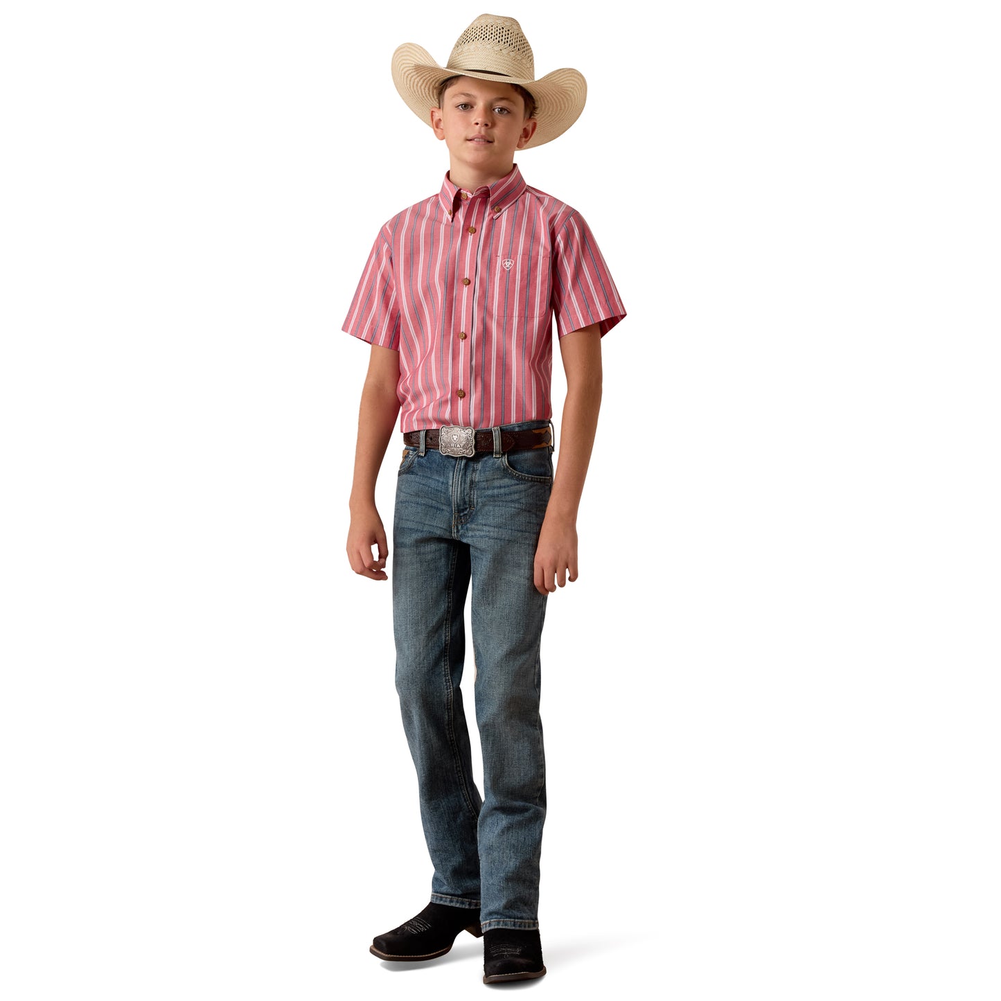 Ariat Boy's Pro Series Bobby Hibiscus Red Striped Button Down Shirt 10073638