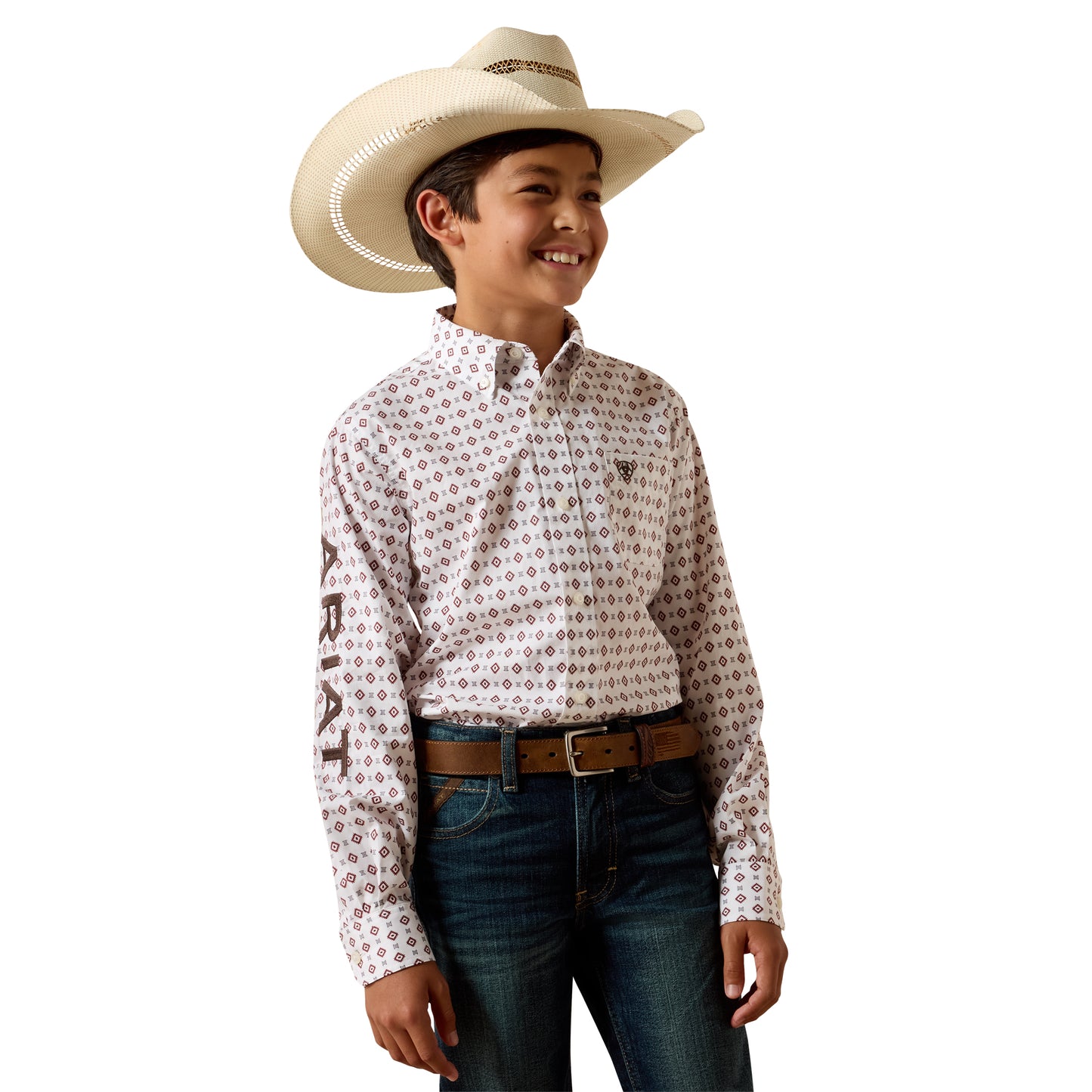 Ariat Youth Boy's Team Dallas White Geo Print Button Down Shirt 10073649