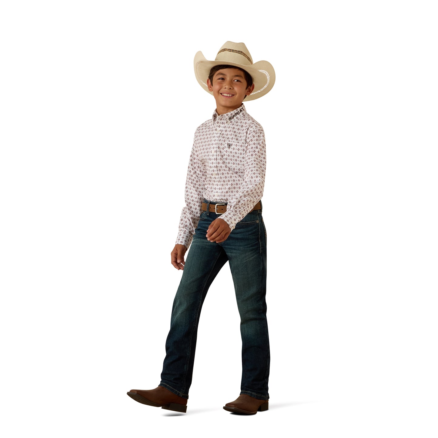 Ariat Youth Boy's Team Dallas White Geo Print Button Down Shirt 10073649