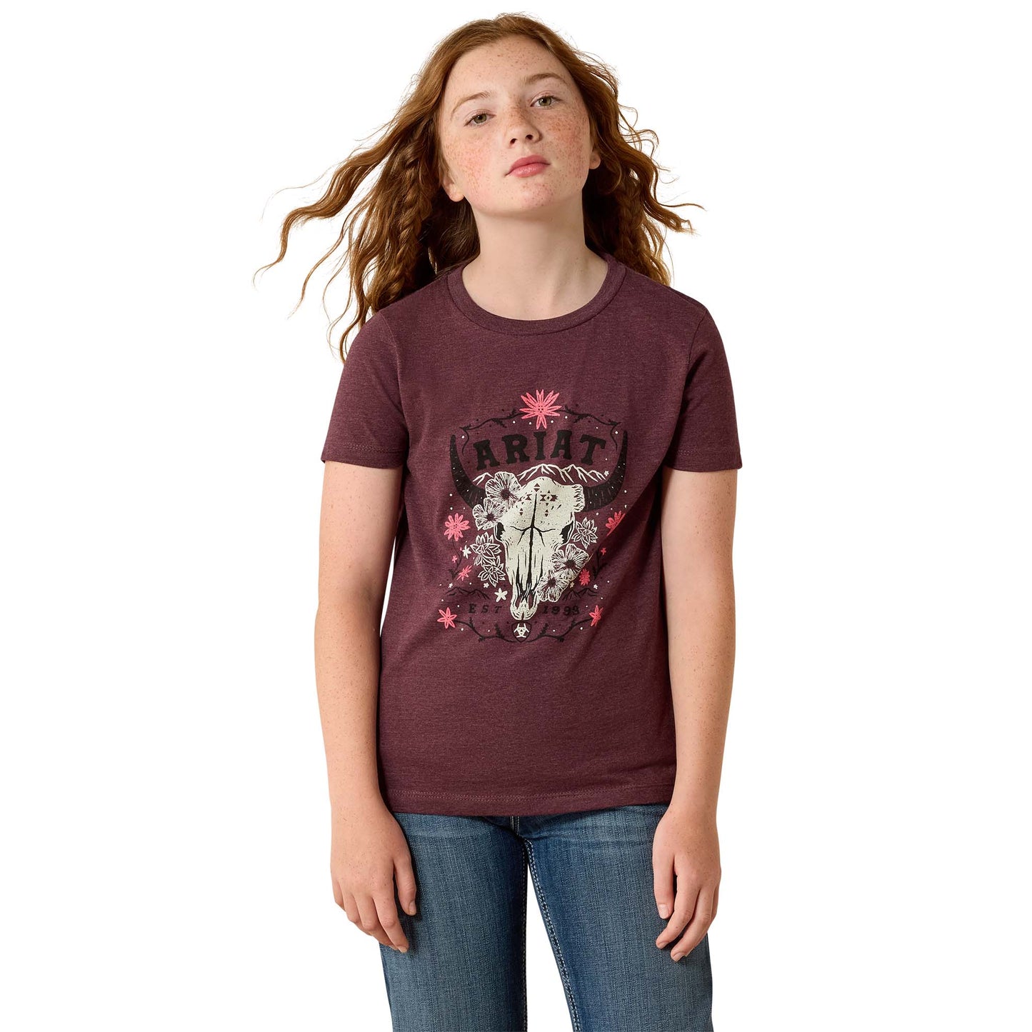 Ariat Youth Girls Skulls Florals Wine T-Shirt 10071700
