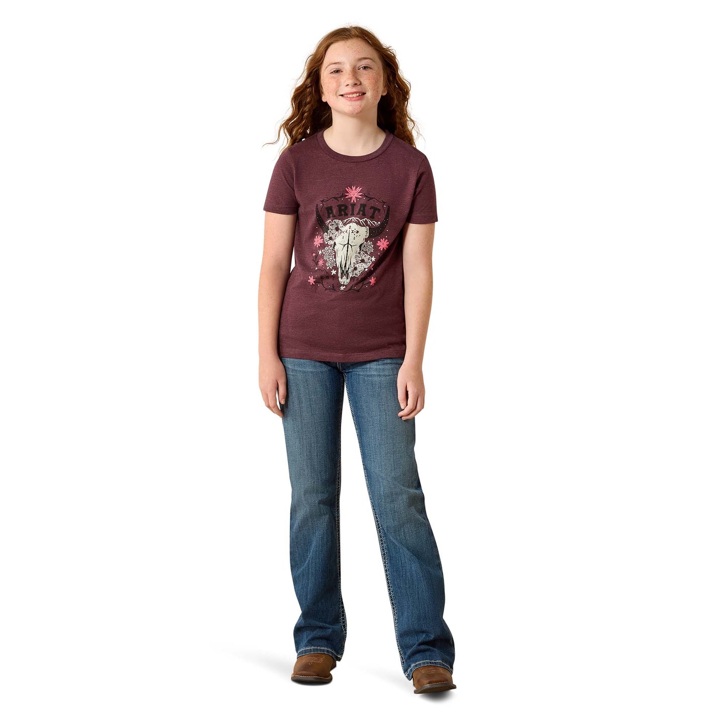 Ariat Youth Girls Skulls Florals Wine T-Shirt 10071700