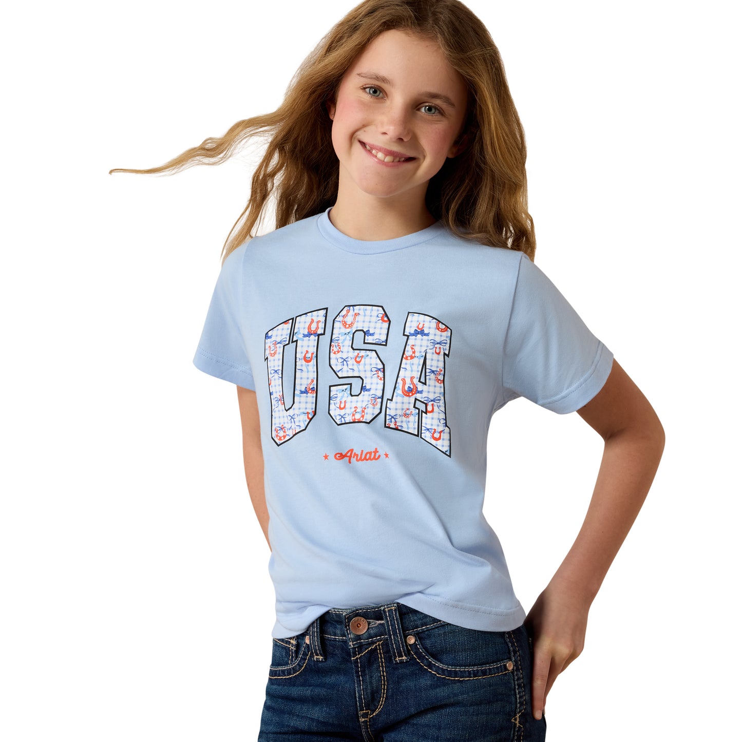 Ariat Youth Girl's USA Horseshoe Light Blue T-Shirt 10080943