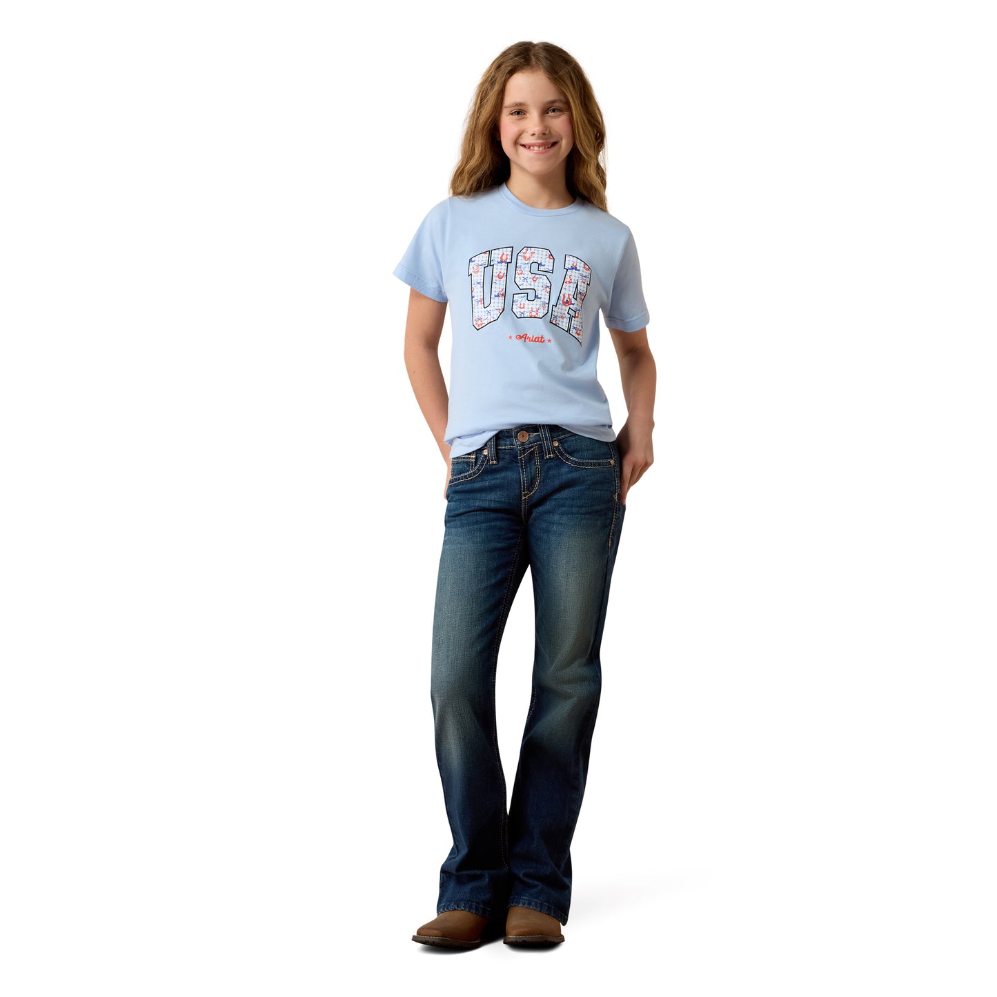Ariat Youth Girl's USA Horseshoe Light Blue T-Shirt 10080943