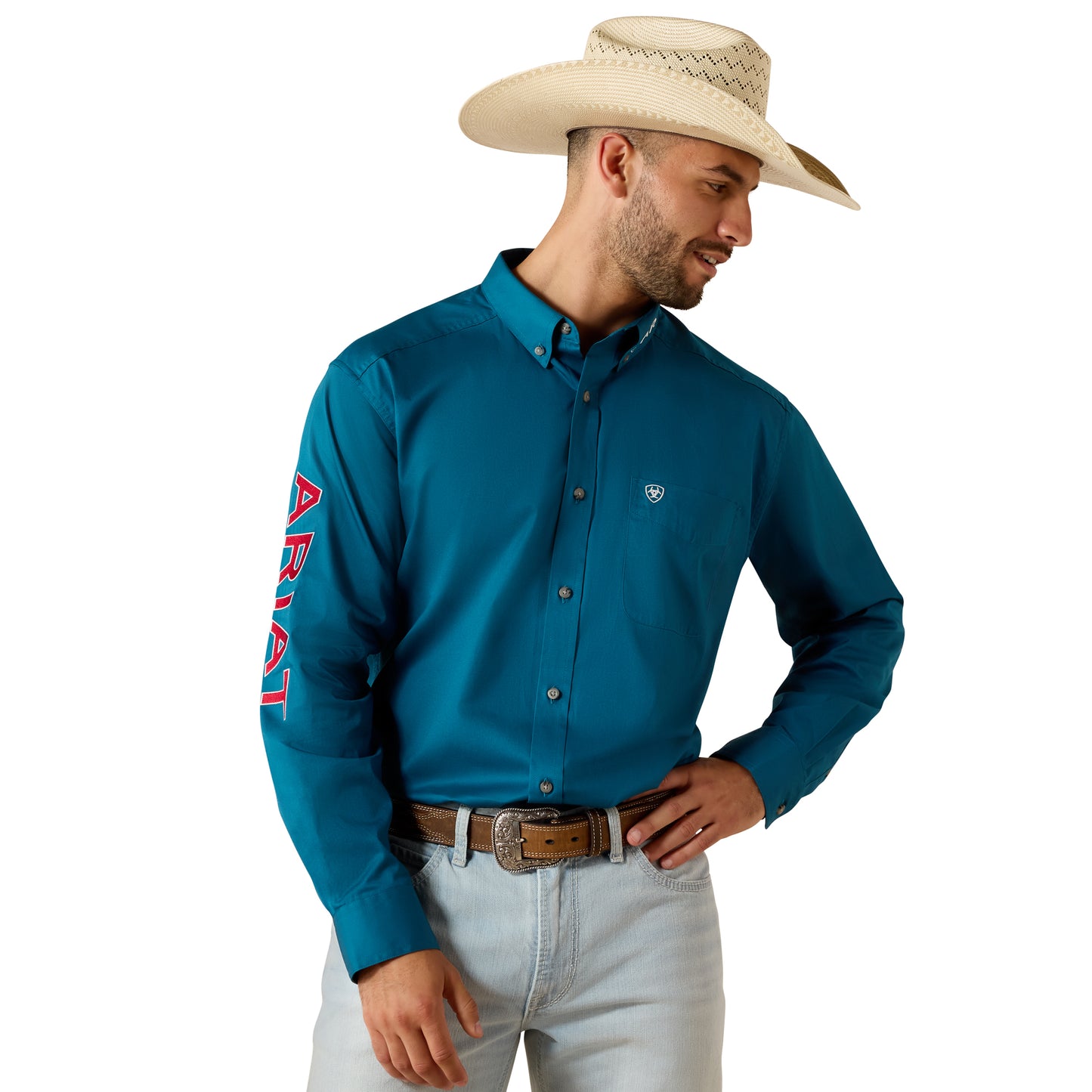 Ariat Men's Team Logo Corsair Blue Lightweight Twill Classic Fit Shirt 10071684