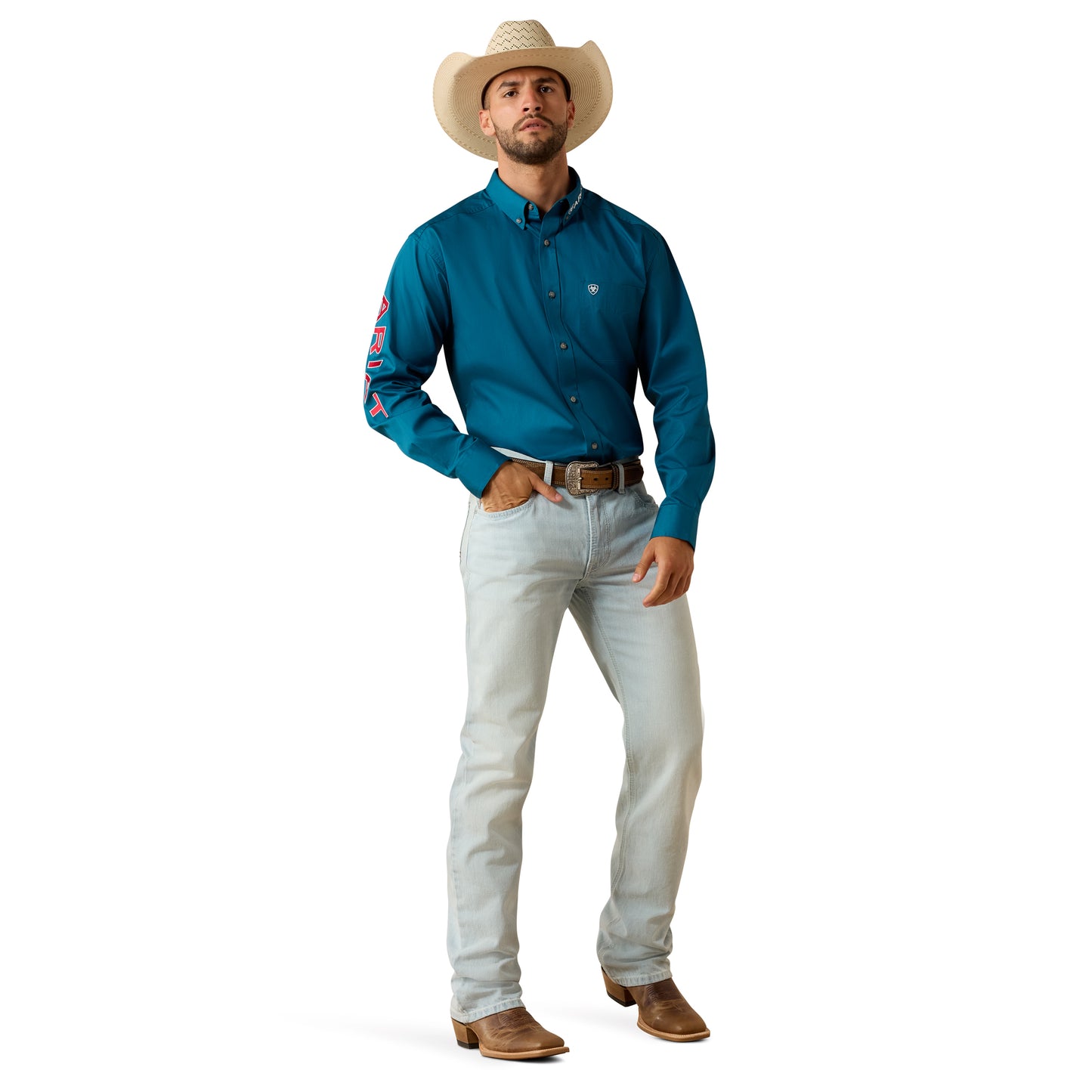 Ariat Men's Team Logo Corsair Blue Lightweight Twill Classic Fit Shirt 10071684