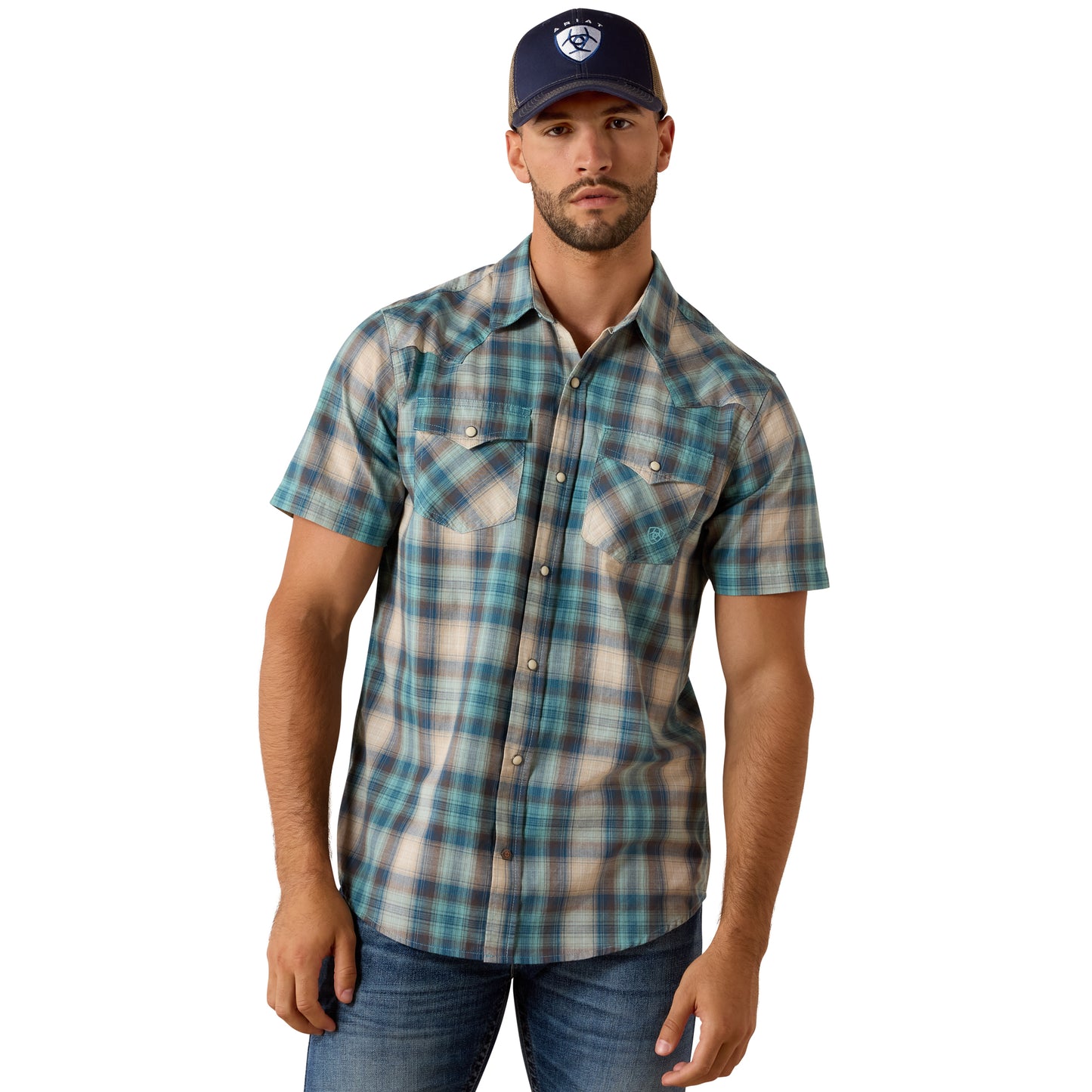 Ariat Men's Retro Halden Teal Plaid Fitted Snap Shirt 10071738