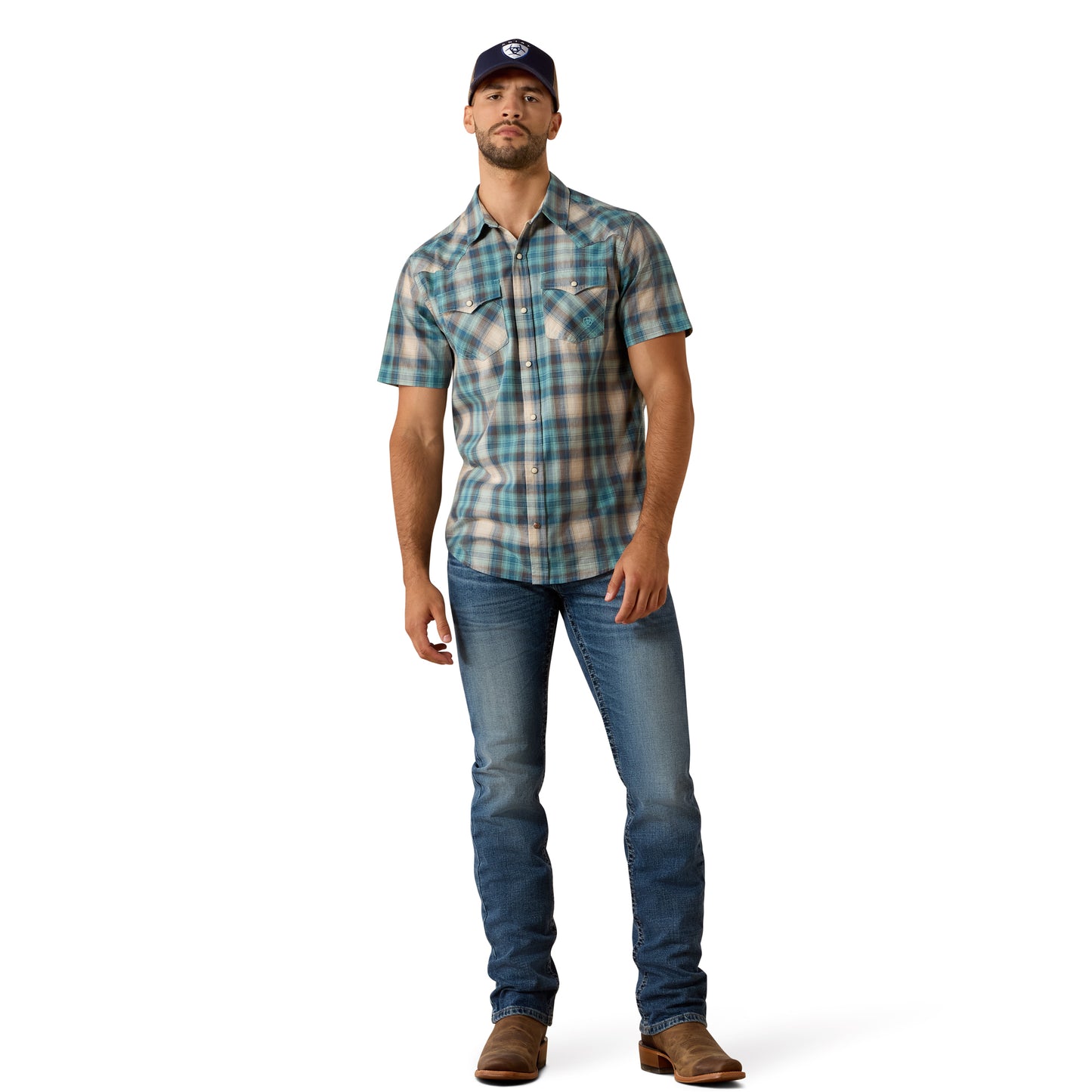 Ariat Men's Retro Halden Teal Plaid Fitted Snap Shirt 10071738