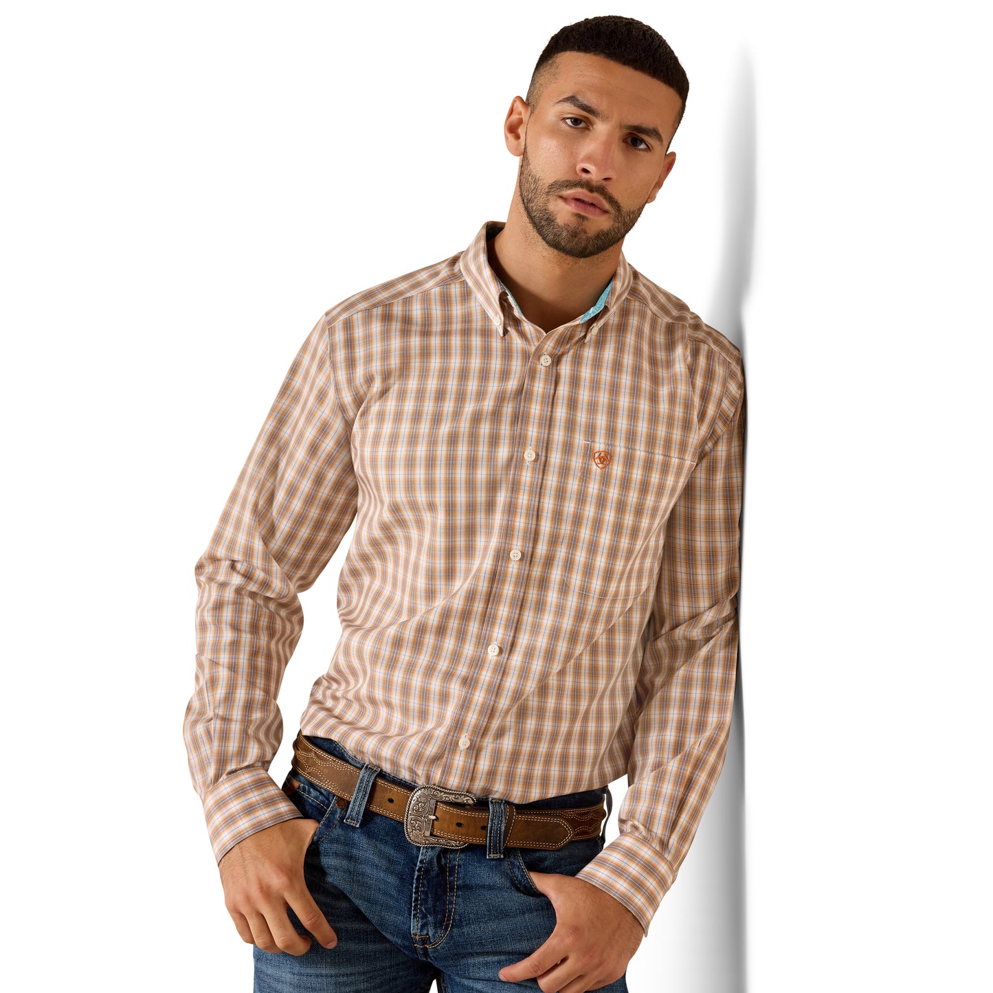 Ariat Men's Wrinkle Free Ayden Golden Oak Plaid Fitted Shirt 10071756