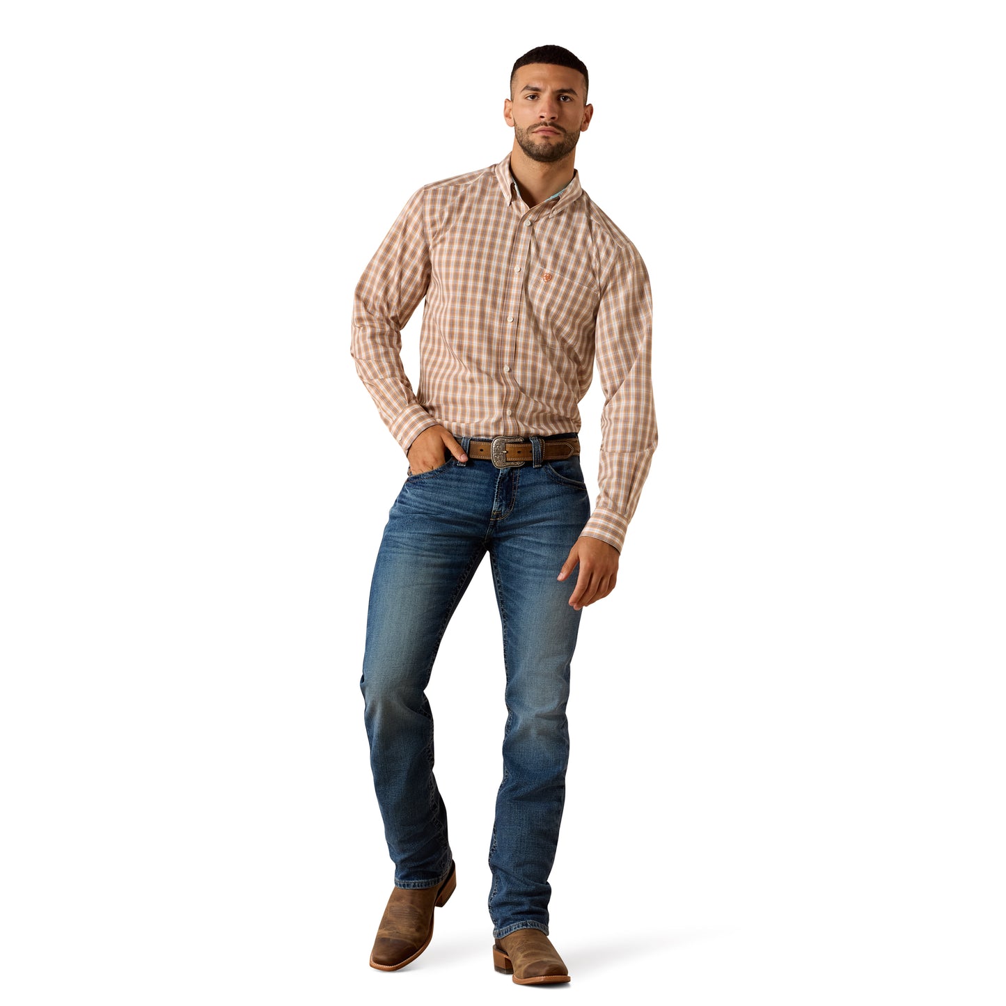 Ariat Men's Wrinkle Free Ayden Golden Oak Plaid Fitted Shirt 10071756