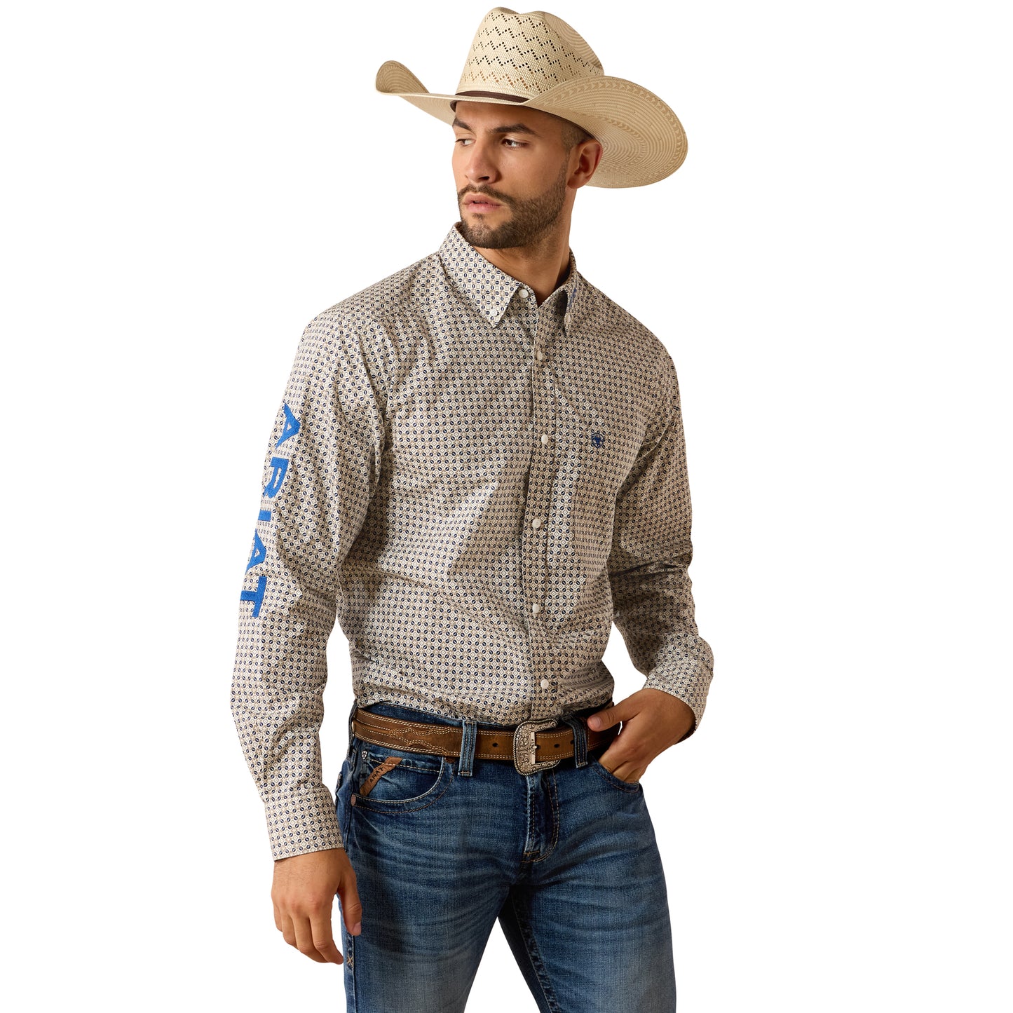 Ariat Men's Team Welles Khaki & Dark Blue Fitted Shirt 10071757