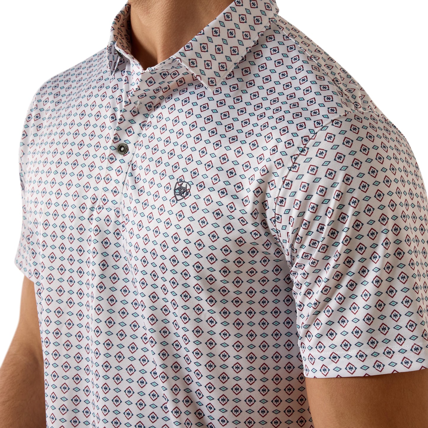 Ariat Men's All Over White Southwest Triangle Print Fitted Polo 10073433
