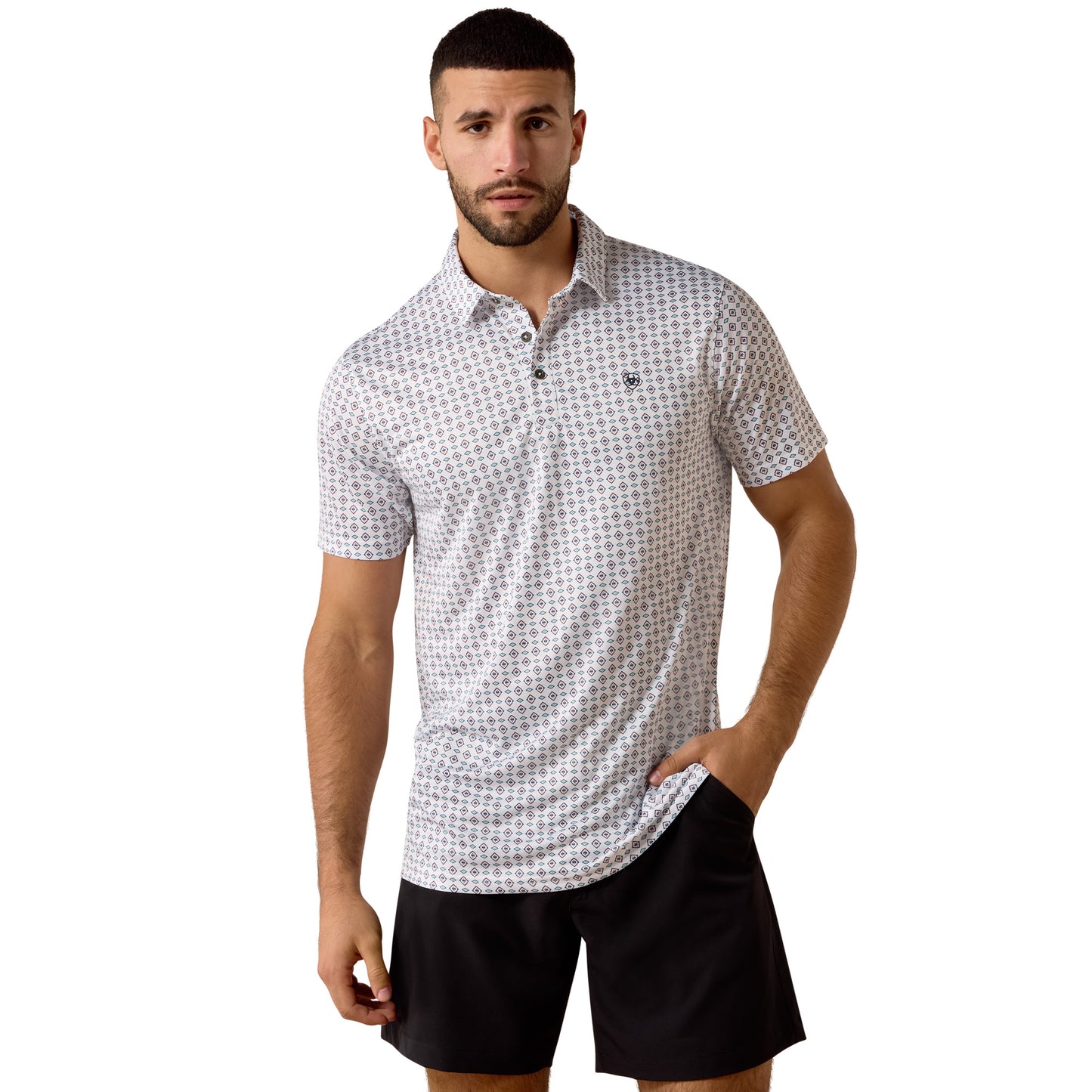 Ariat Men's All Over White Southwest Triangle Print Fitted Polo 10073433