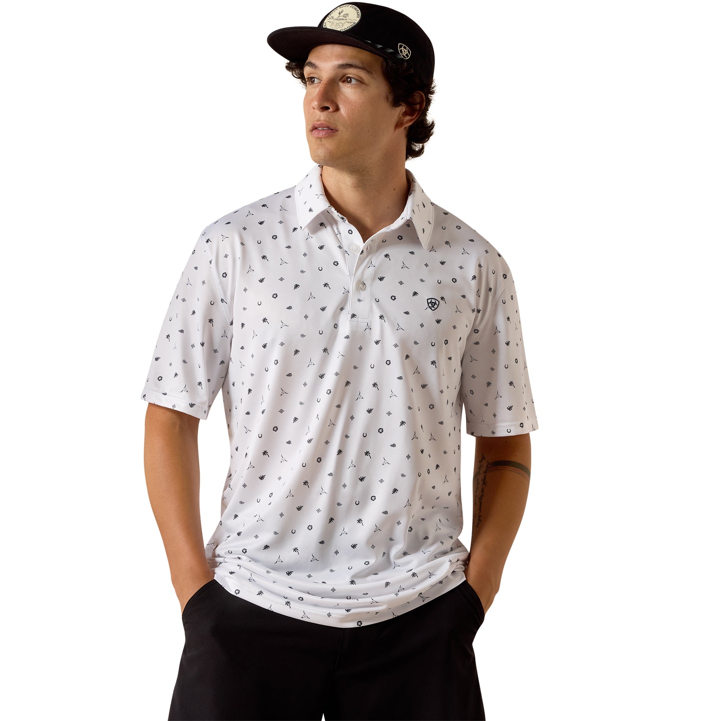 Ariat Men's All Over White Western Toss Print Polo 10073470