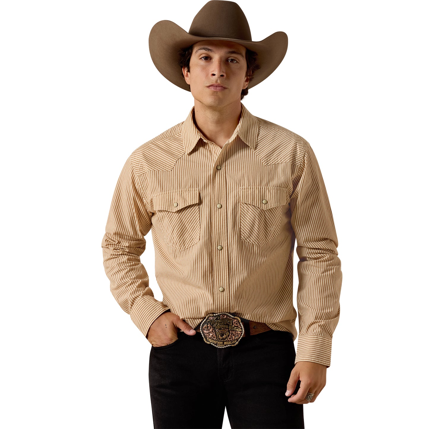 Ariat Men's Retro Hyman Taupe Grey Stripe Fitted Snap Shirt 10073581