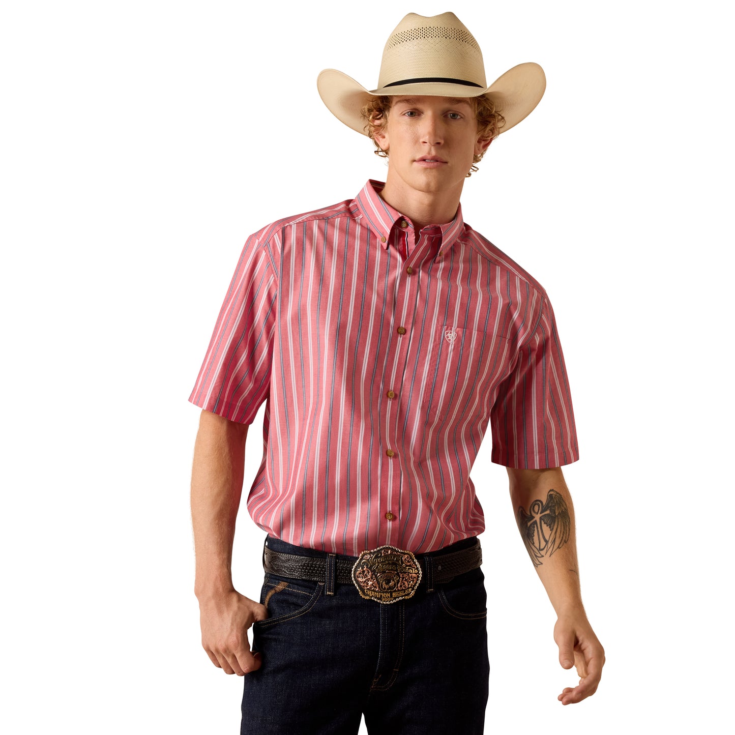 Ariat Men's Pro Series Bobby Hibiscus Red Stripe Button Down Shirt 10073604