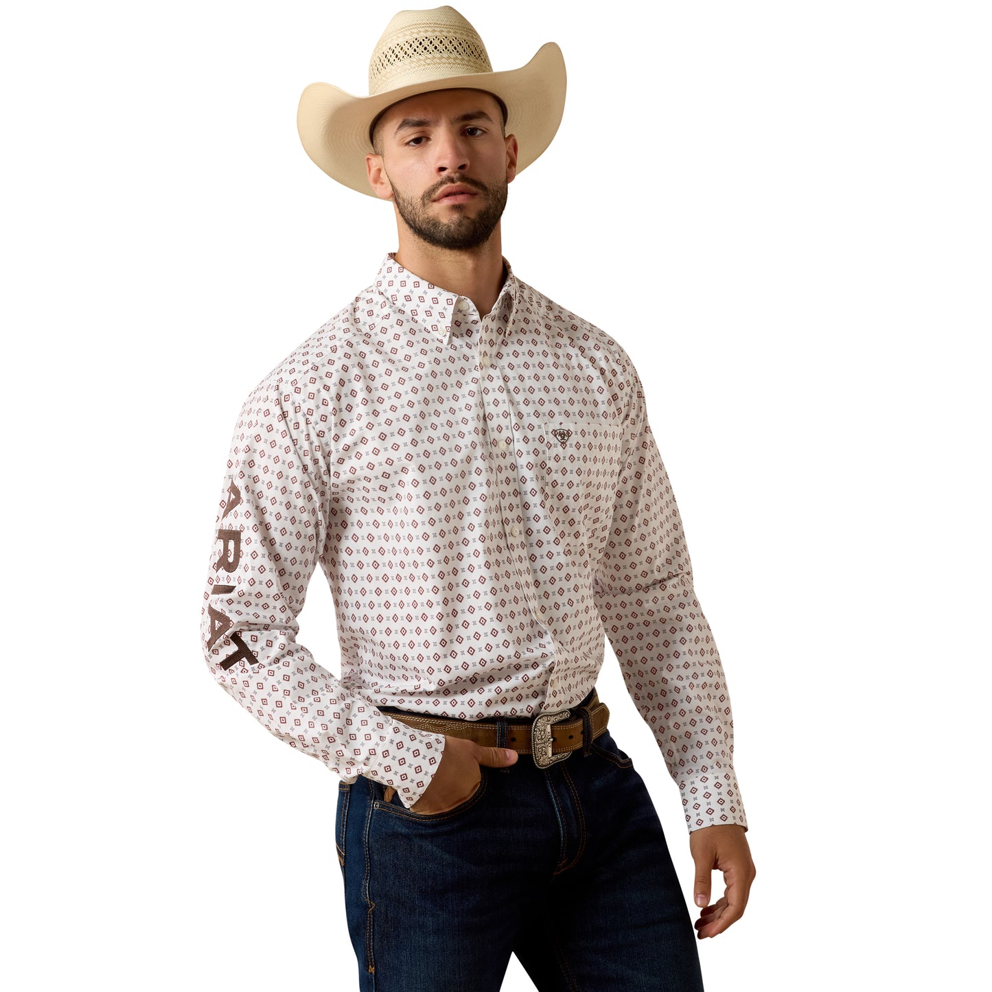 Ariat Men's Team Dallas White Multi Geo Print Button Down Shirt 10073629