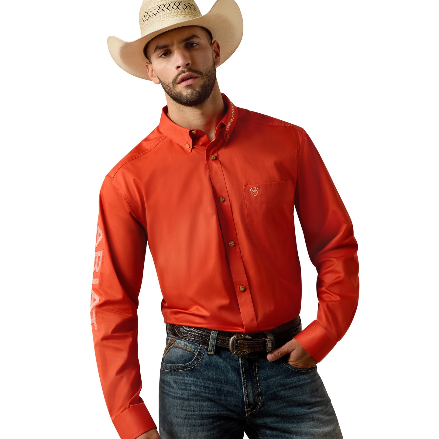 Ariat Men's Team Logo Lightweight Twill Paprika Red Classic Fit Shirt 10073663