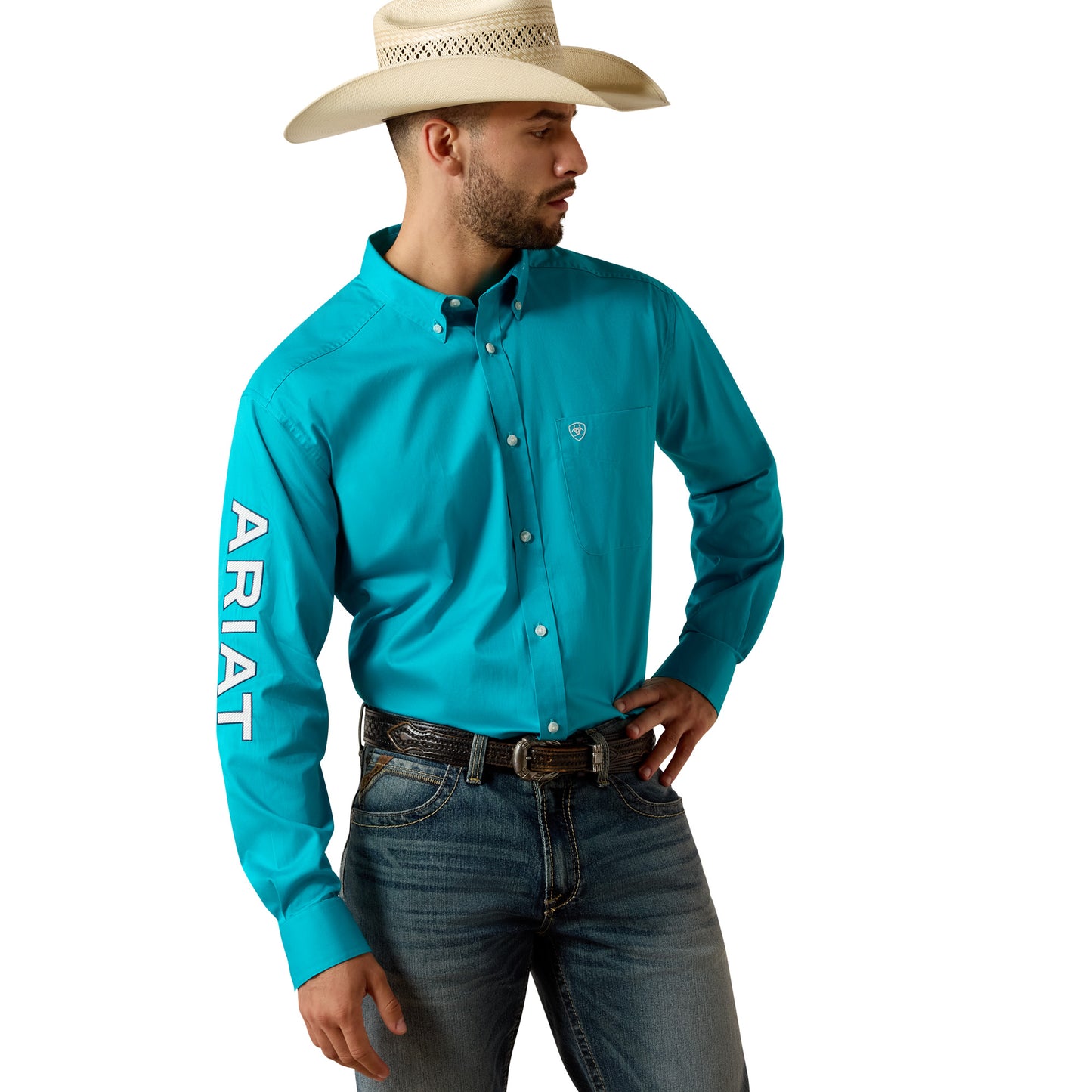 Ariat Men's Team Logo Lightweight Twill Peacock Blue Classic Fit Shirt 10073664