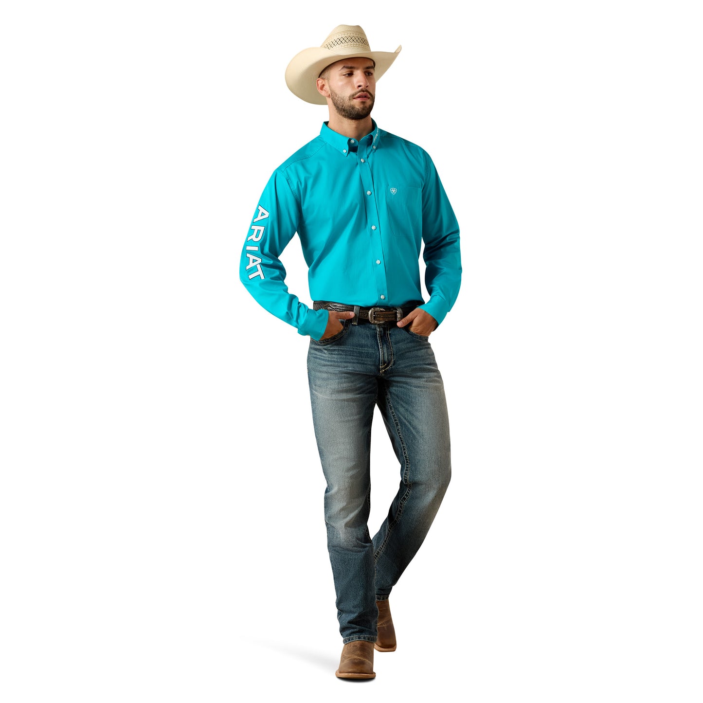 Ariat Men's Team Logo Lightweight Twill Peacock Blue Classic Fit Shirt 10073664