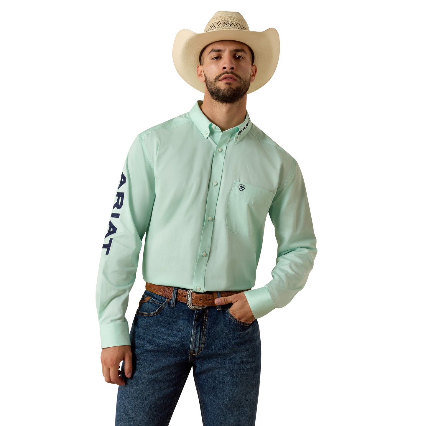 Ariat Men's Team Logo Lightweight Twill Dusty Aqua Classic Fit Shirt 10073665