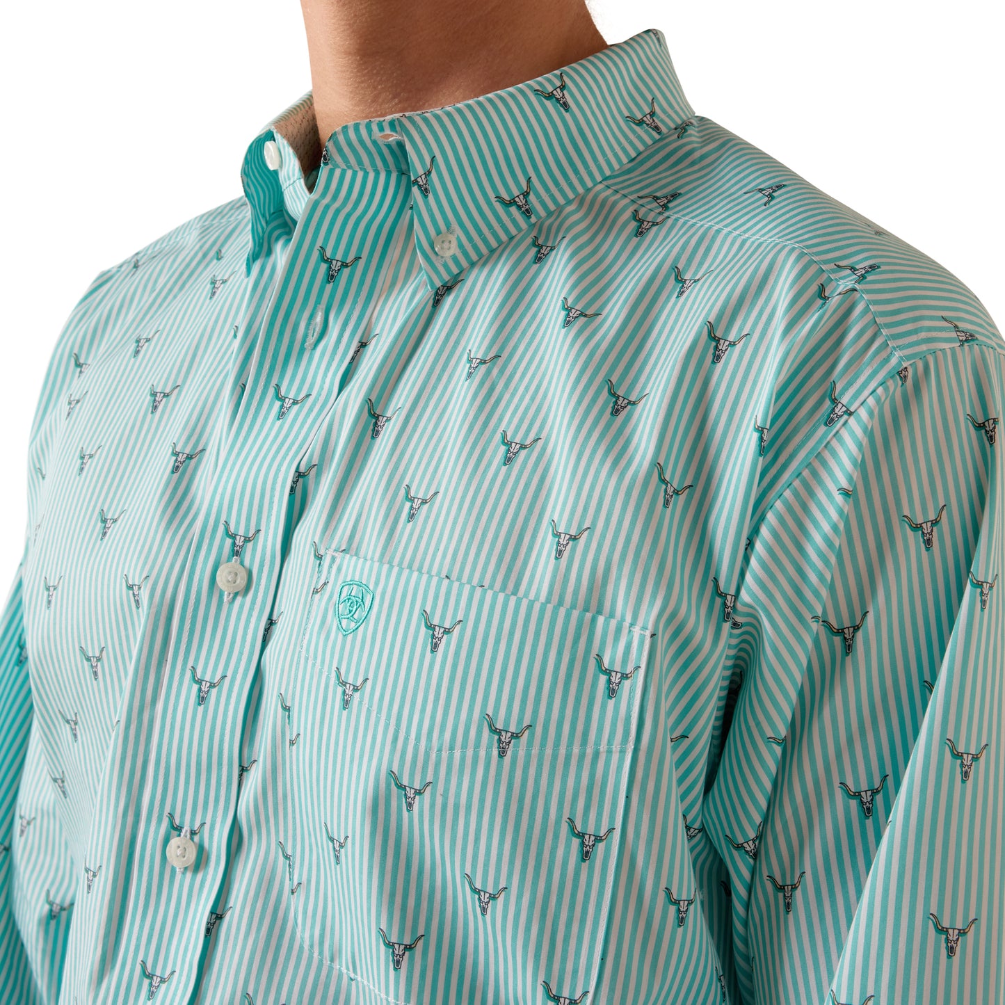 Ariat Men's Wrinkle Free Wilkes Blue Turquoise Steer Head Stripe Classic Fit Shirt 10073687