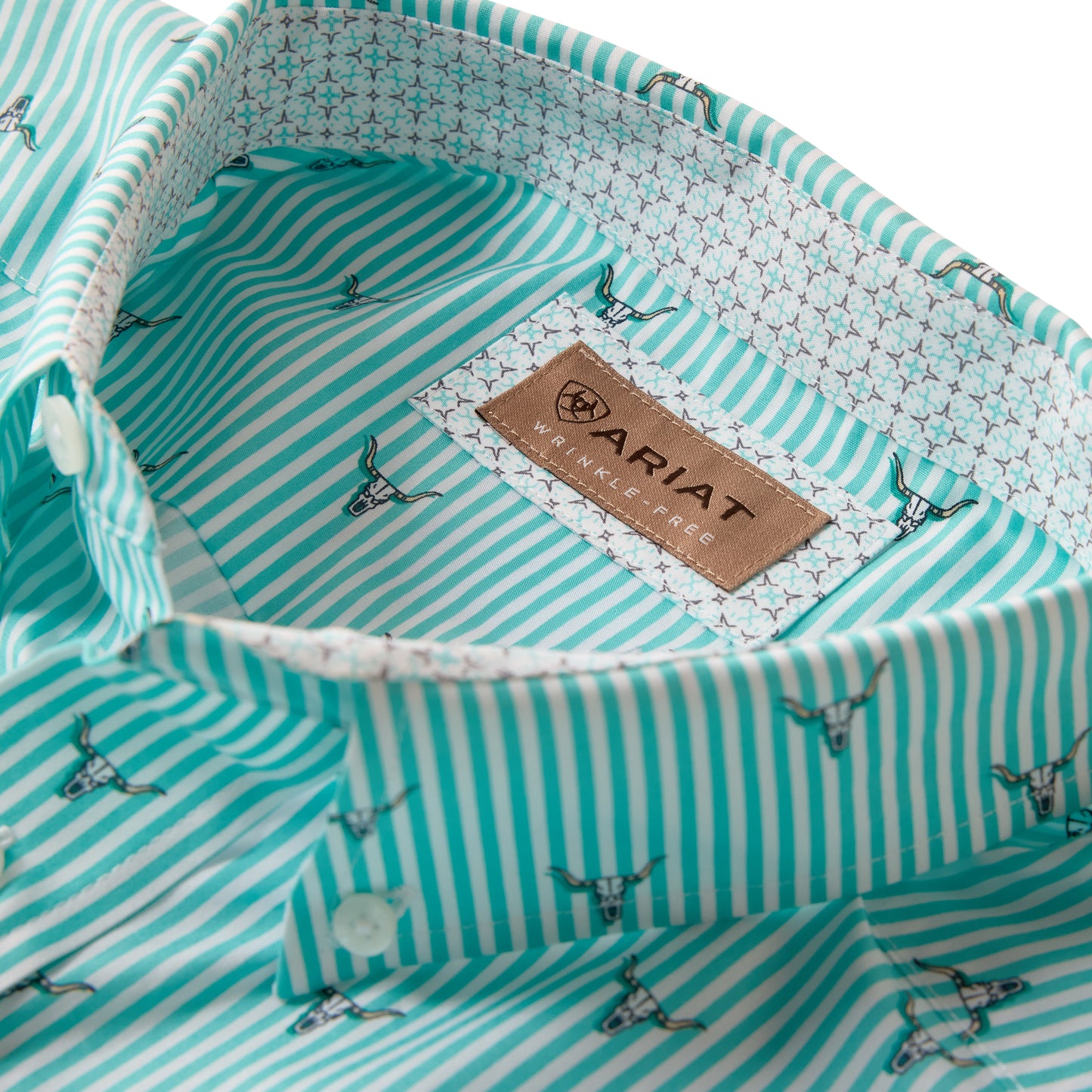 Ariat Men's Wrinkle Free Wilkes Blue Turquoise Steer Head Stripe Classic Fit Shirt 10073687