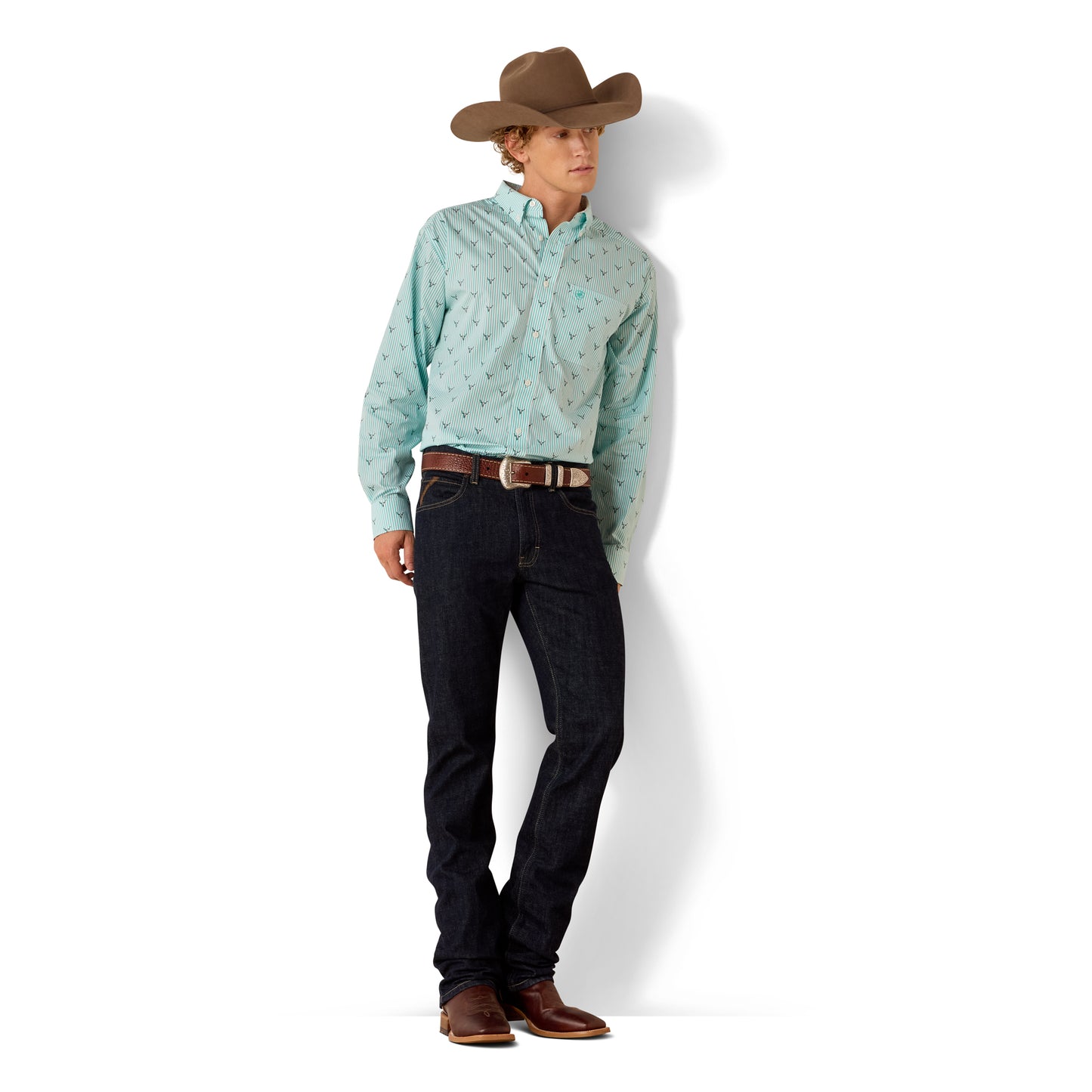Ariat Men's Wrinkle Free Wilkes Blue Turquoise Steer Head Stripe Classic Fit Shirt 10073687