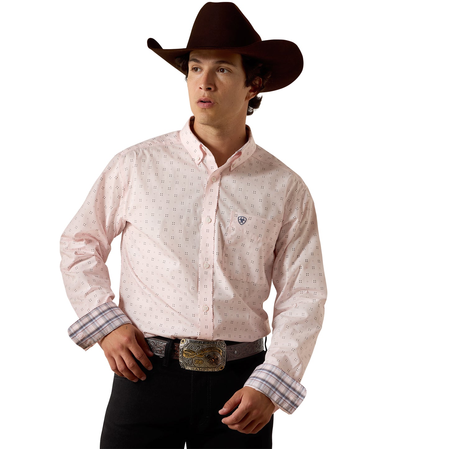 Ariat Men's Wrinkle Free Wally Barley Pink Geo Print Fitted Shirt 10073690