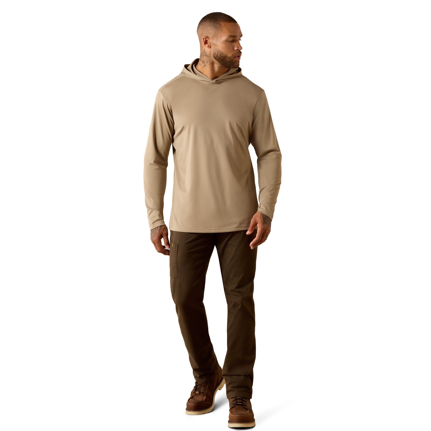 Ariat Men's Rebar Sunblocker Greige Hooded Classic Fit Long Sleeve T-Shirt 10071107