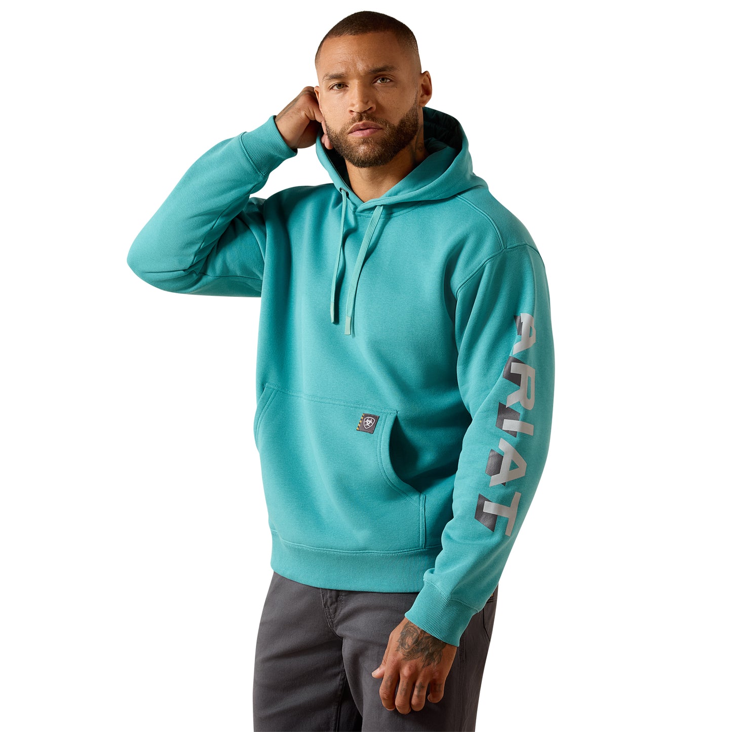 Ariat Men's Rebar Lightweight Teal Logo Fleece Hoodie 10071202