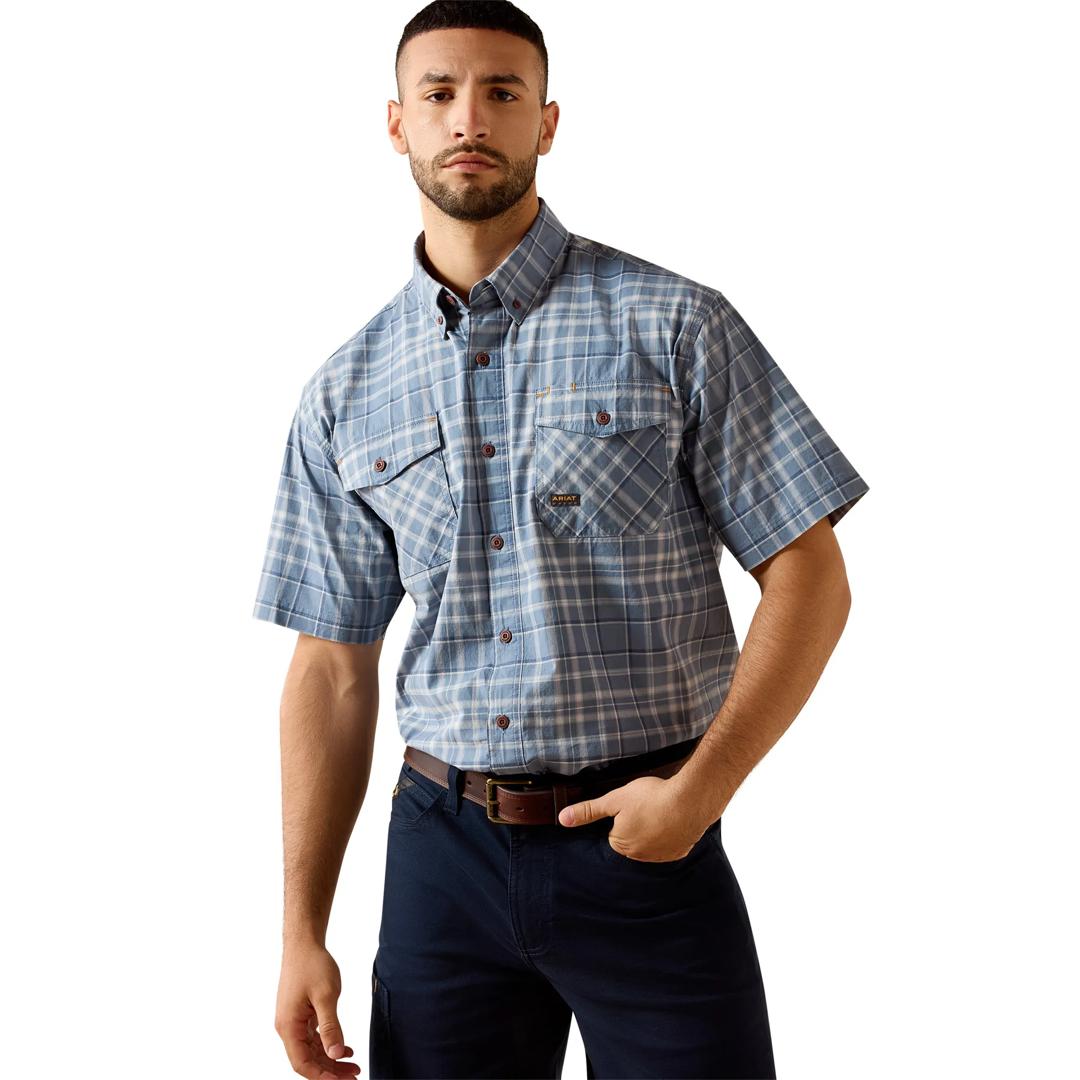 Ariat Men's Rebar Made Tough Dark Denim DuraStretch Work Shirt 10071411 front