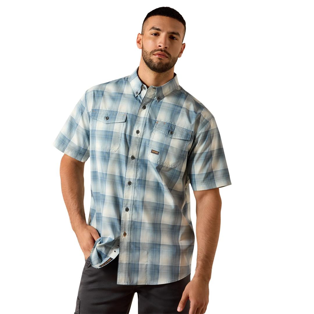 Ariat Men's Rebar Made Tough Baleen Blue Print VentTEK DuraStretch Work Shirt 10071543 front