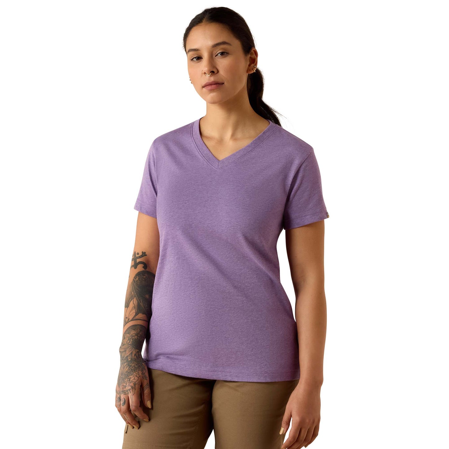 Ariat Ladies Rebar Cotton Strong Mulled Grape Heather Standard V-Neck T-Shirt 10071282