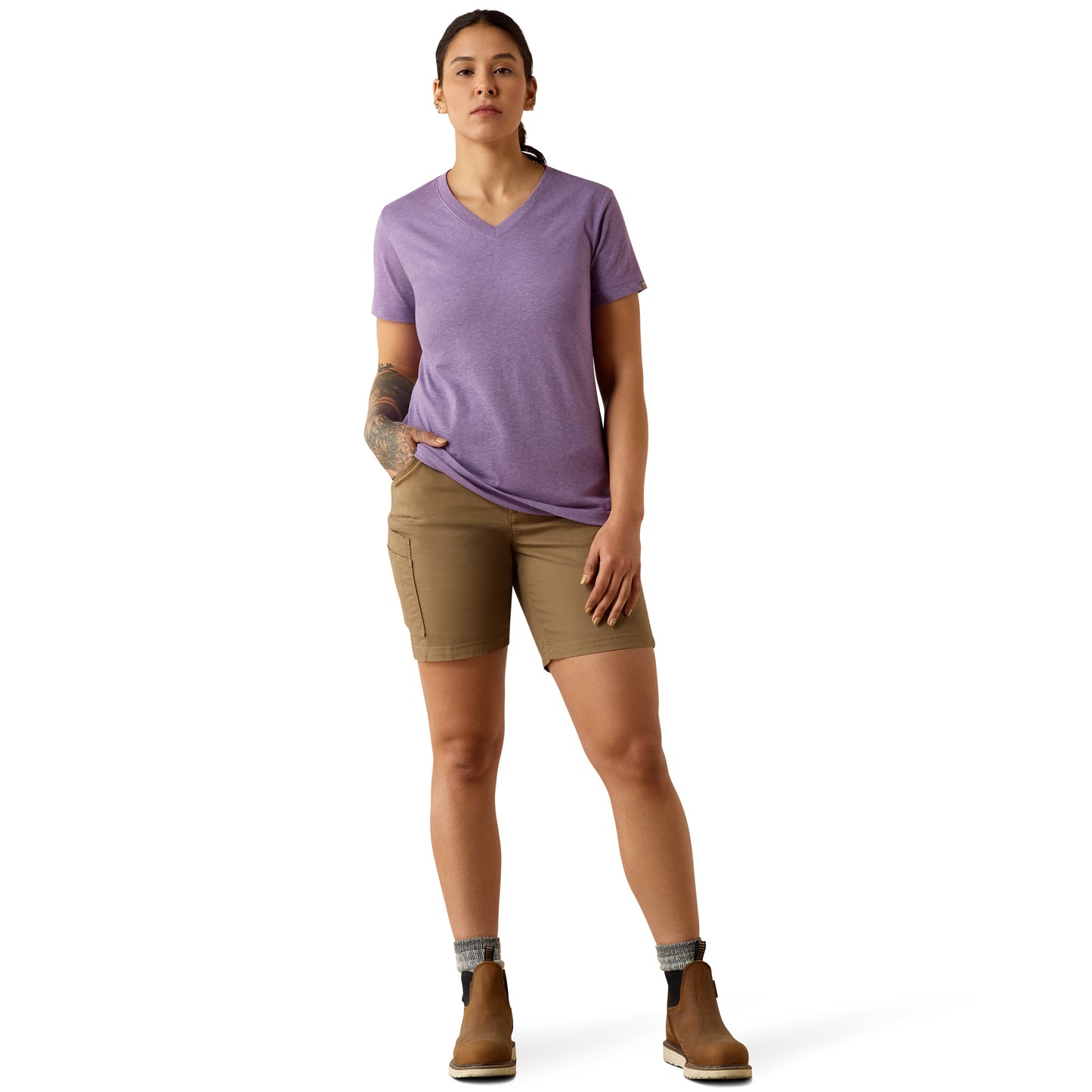 Ariat Ladies Rebar Cotton Strong Mulled Grape Heather Standard V-Neck T-Shirt 10071282
