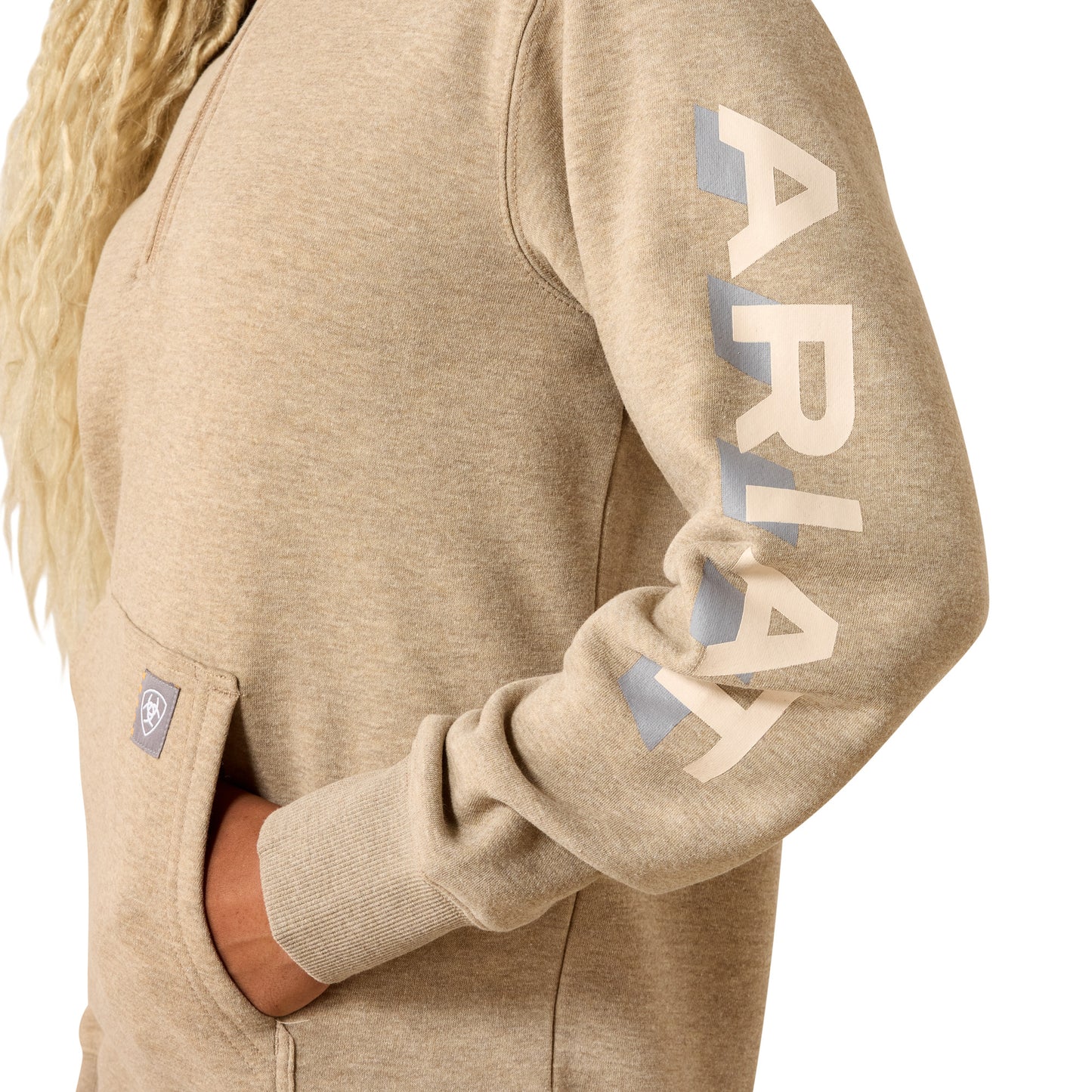 Ariat Ladies Rebar Lightweight Logo 1/2 Zip Oatmeal Hoodie 10071331
