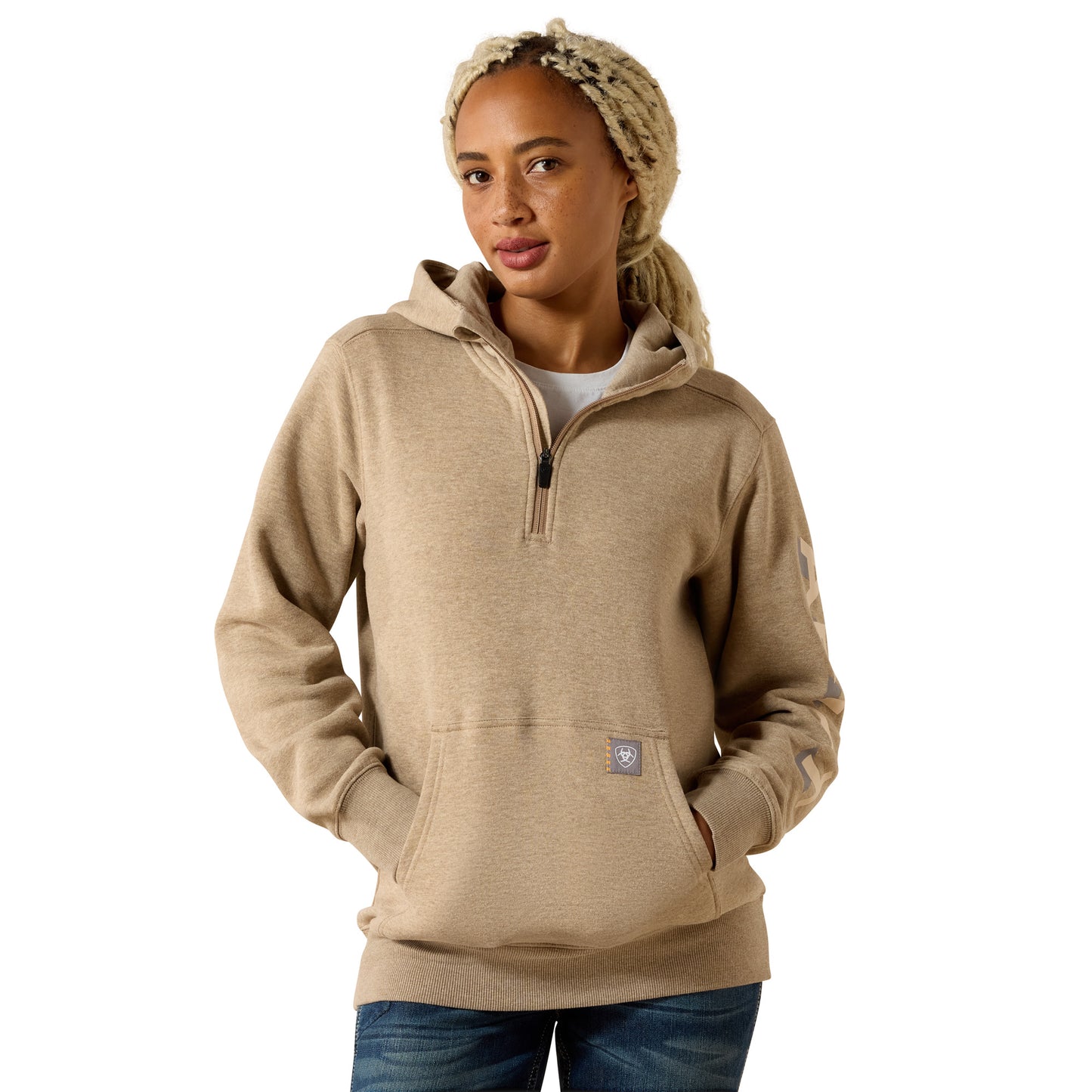 Ariat Ladies Rebar Lightweight Logo 1/2 Zip Oatmeal Hoodie 10071331