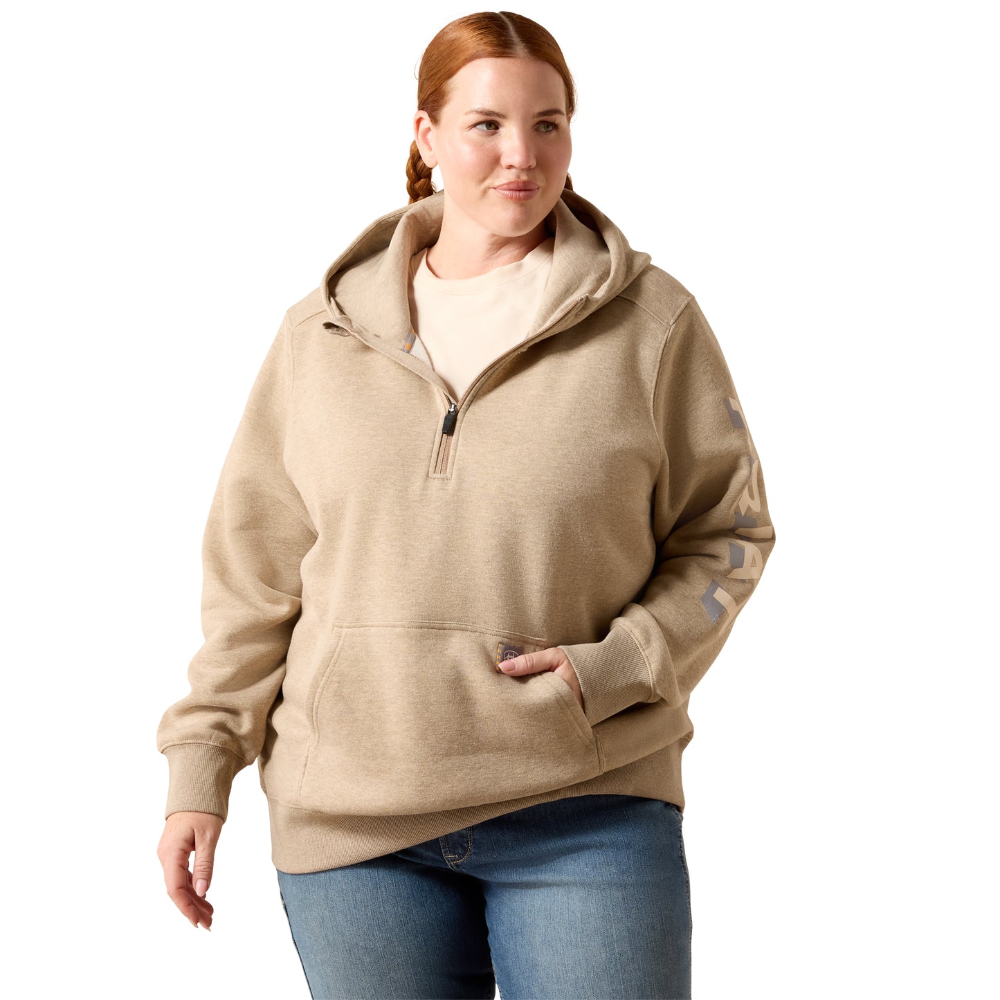 Ariat Ladies Rebar Lightweight Logo 1/2 Zip Oatmeal Hoodie 10071331