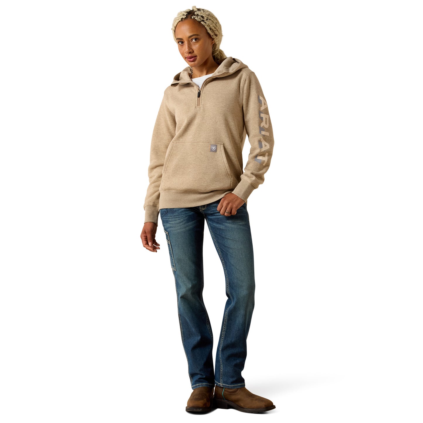 Ariat Ladies Rebar Lightweight Logo 1/2 Zip Oatmeal Hoodie 10071331