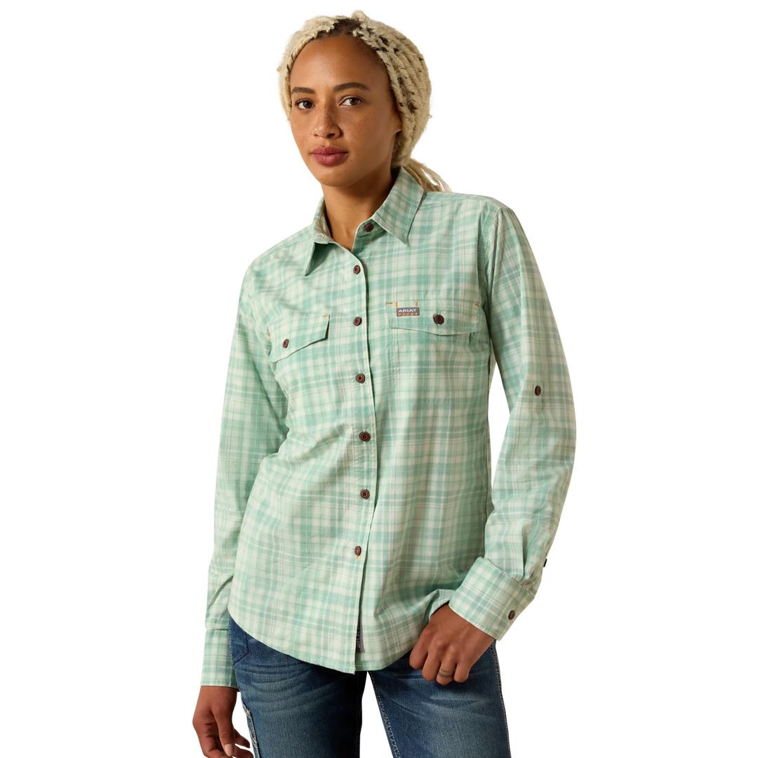 Ariat Ladies Rebar Made Tough Clearly Aqua DuraStretch Work Shirt 10071565 front