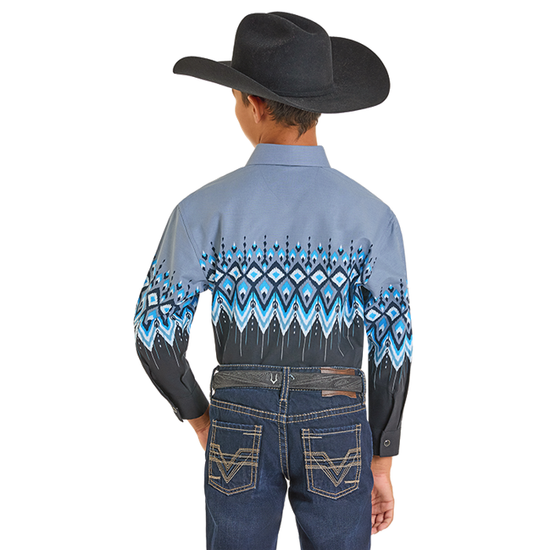 Panhandle Youth Boy's Aztec Border Black Snap Button Down Shirt SBN2S07386